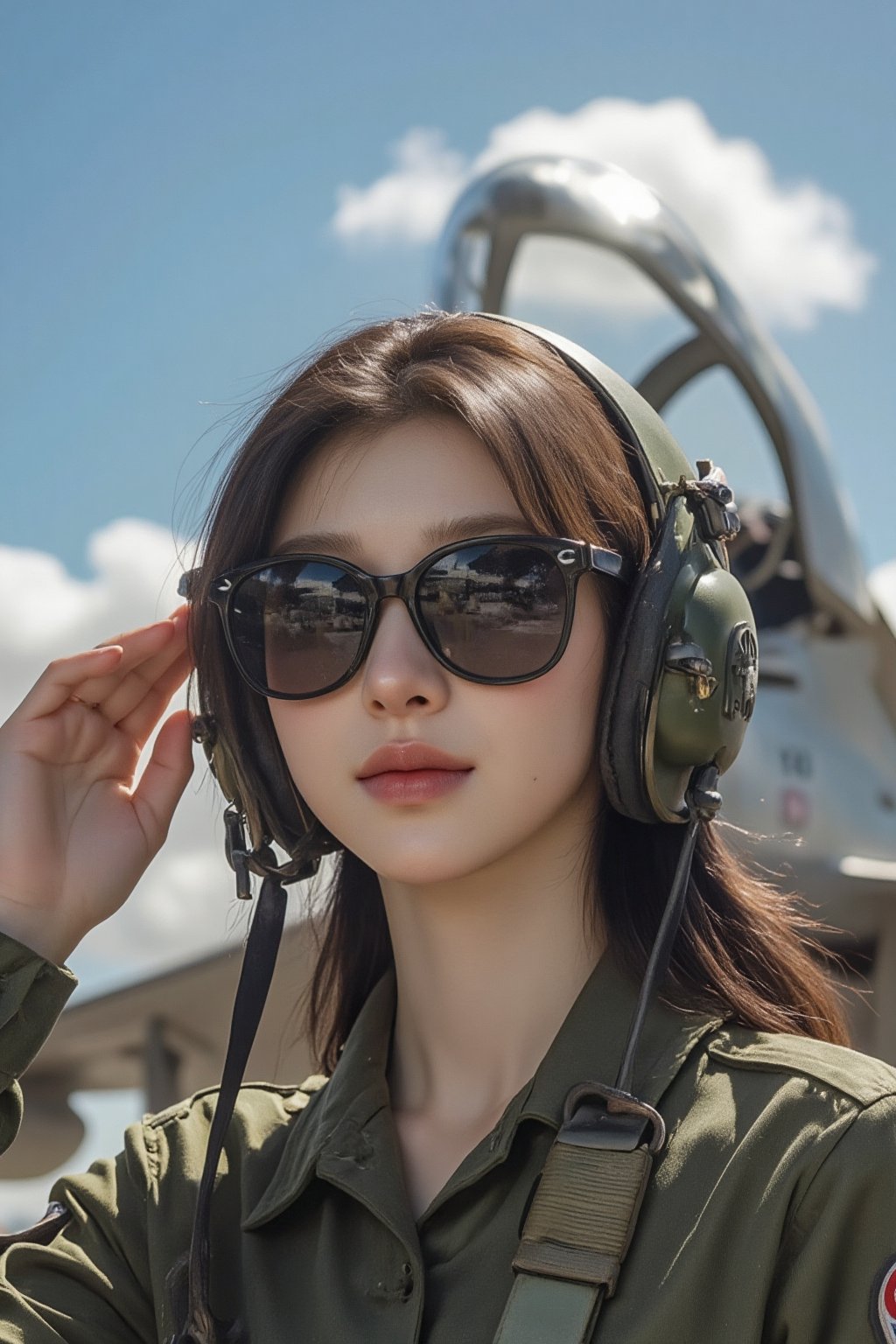 Beautiful young woman wearing an air force uniform, combat pilot helmet on, sunglasses, half-body portrait, saluting with her right hand, background of a parked fighter jet, blue sky with white clouds, warm sunlight, best anatomy, epic, cinematic, digital art, 4k, ultra high definition, cartoon, 