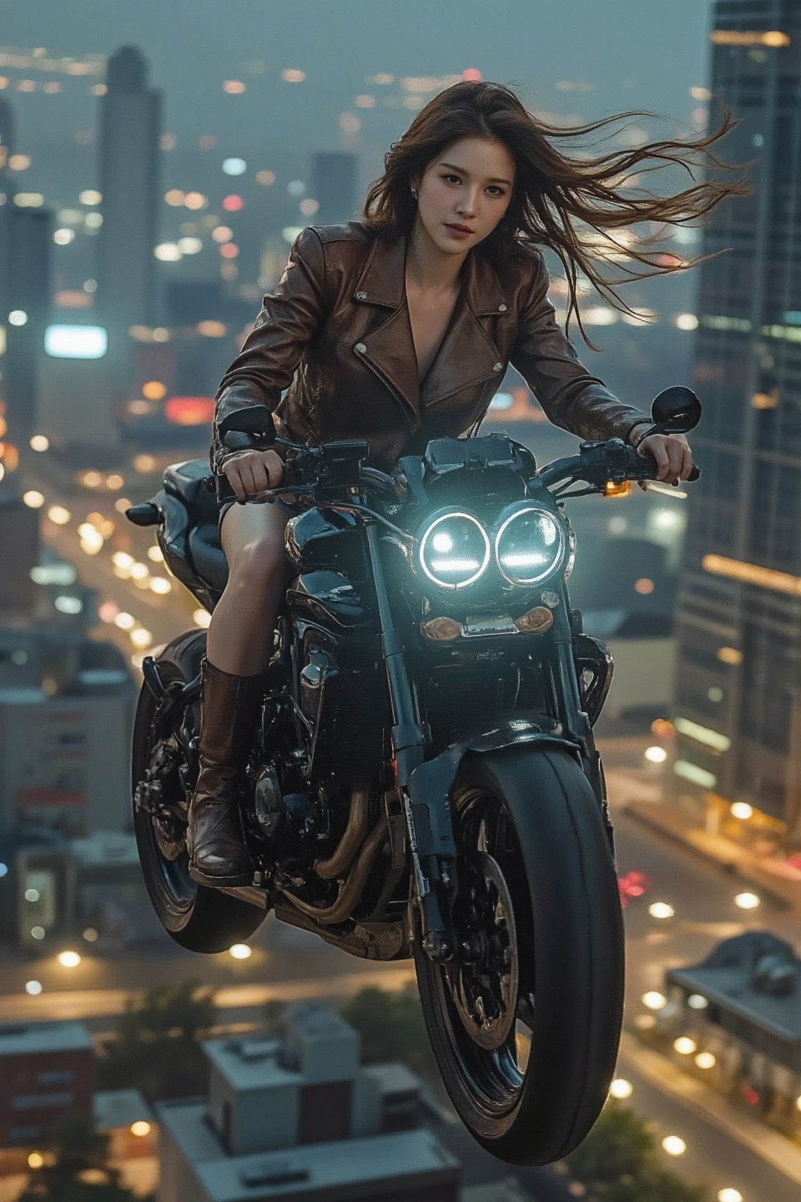 Picture the following scene: Picture a beautiful professional photo of a beautiful woman from the future riding a big moto...