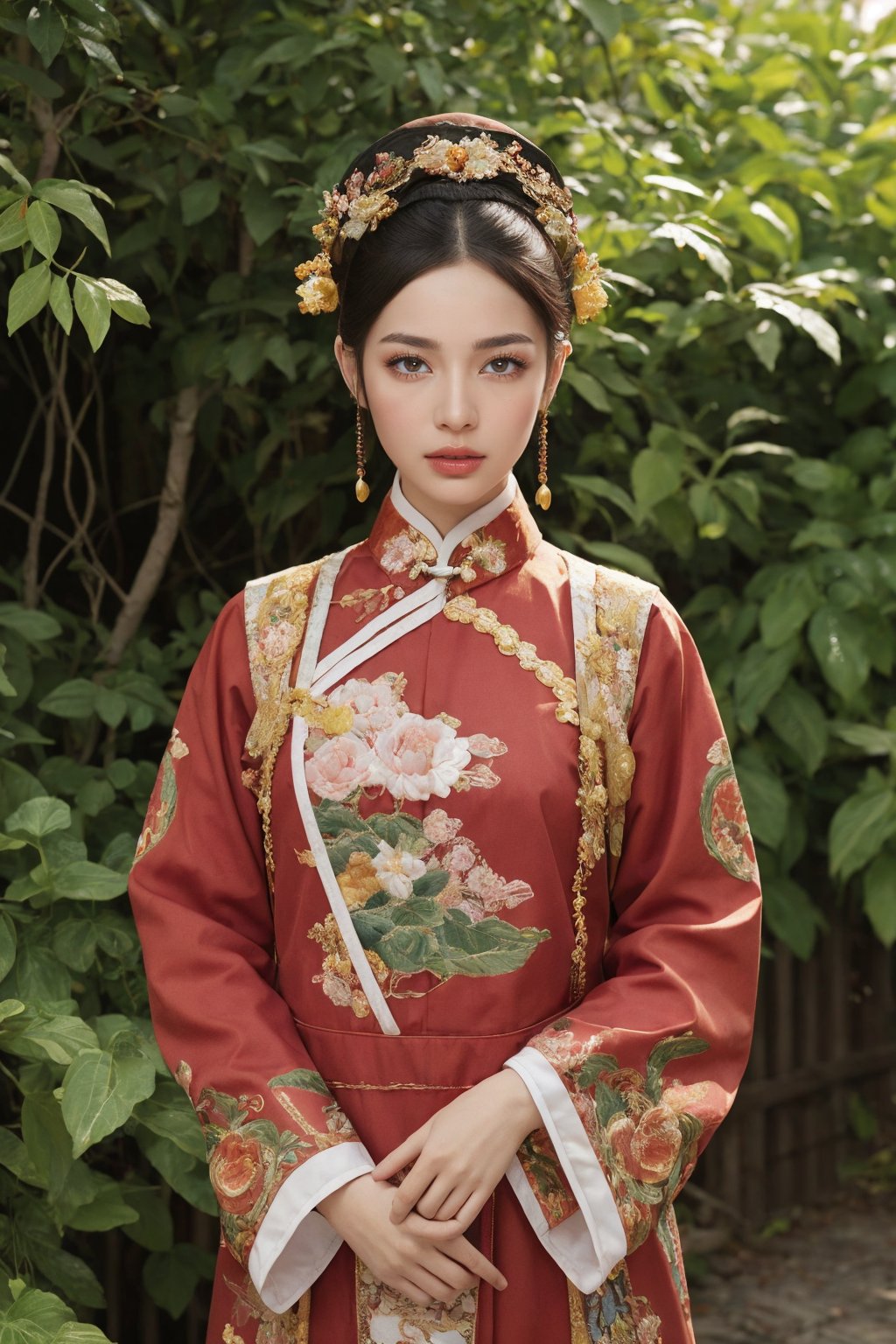 This is a photo showing a woman wearing traditional Chinese clothing, reflecting a historical or period style. The subject of the photo is the woman, wearing a bright, richly decorated and intricately embroidered dress. On her head is a special black hat decorated with a large pink flower and a golden butterfly. The background is composed of lush green foliage, suggesting a natural outdoor scene. The focus of the composition is the calm and dignified facial expression of the woman as she gently holds the leaf. This image exudes the essence of cultural richness, elegance and history.32k,