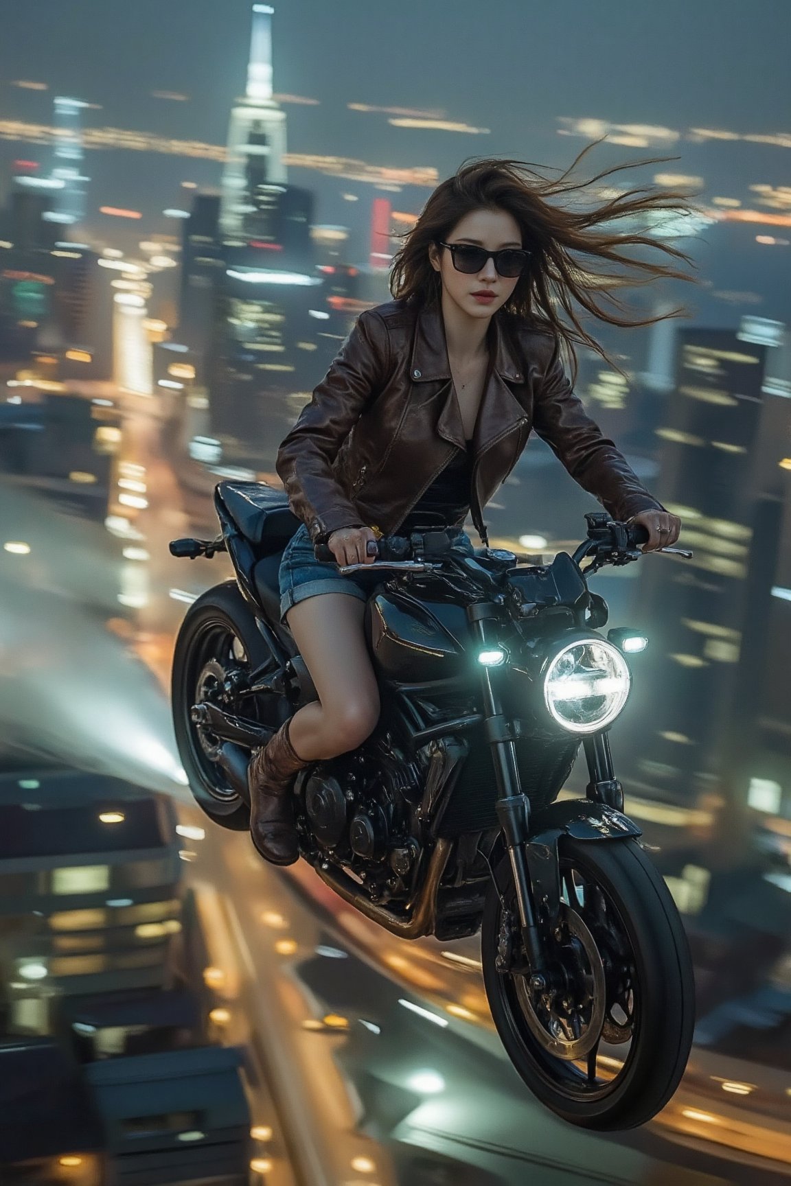 Picture the following scene: Picture a beautiful professional photo of a beautiful woman from the future riding a big moto...