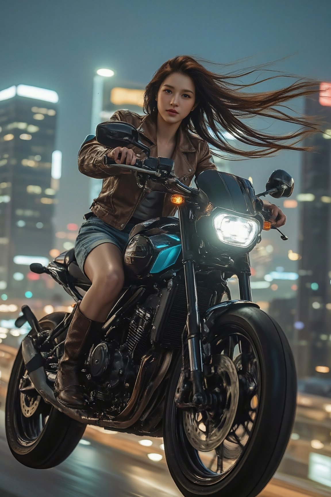 Picture the following scene: Picture a beautiful professional photo of a beautiful woman from the future riding a big moto...