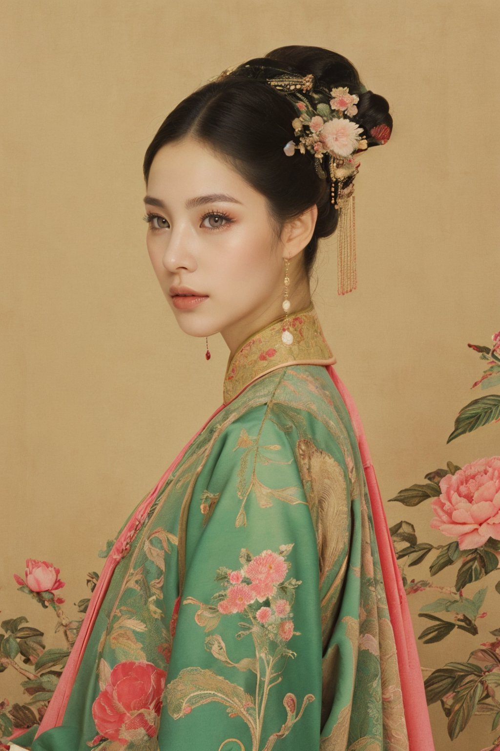 This is a photo showing a woman wearing traditional Chinese clothing, reflecting a historical or period style. The subject of the photo is the woman, wearing a bright, richly decorated and intricately embroidered dress. On her head is a special black hat decorated with a large pink flower and a golden butterfly. The background is composed of lush green foliage, suggesting a natural outdoor scene. The focus of the composition is the calm and dignified facial expression of the woman as she gently holds the leaf. This image exudes the essence of cultural richness, elegance and history.32k,