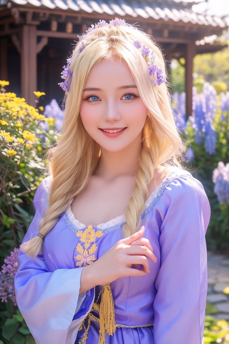 1girl, upper body, beautiful young woman, blonde, smiling, (in beautiful Ukrainian national costume of light purple-blue color), sunny day, botanical garden, realistic,wrenchmicroarch