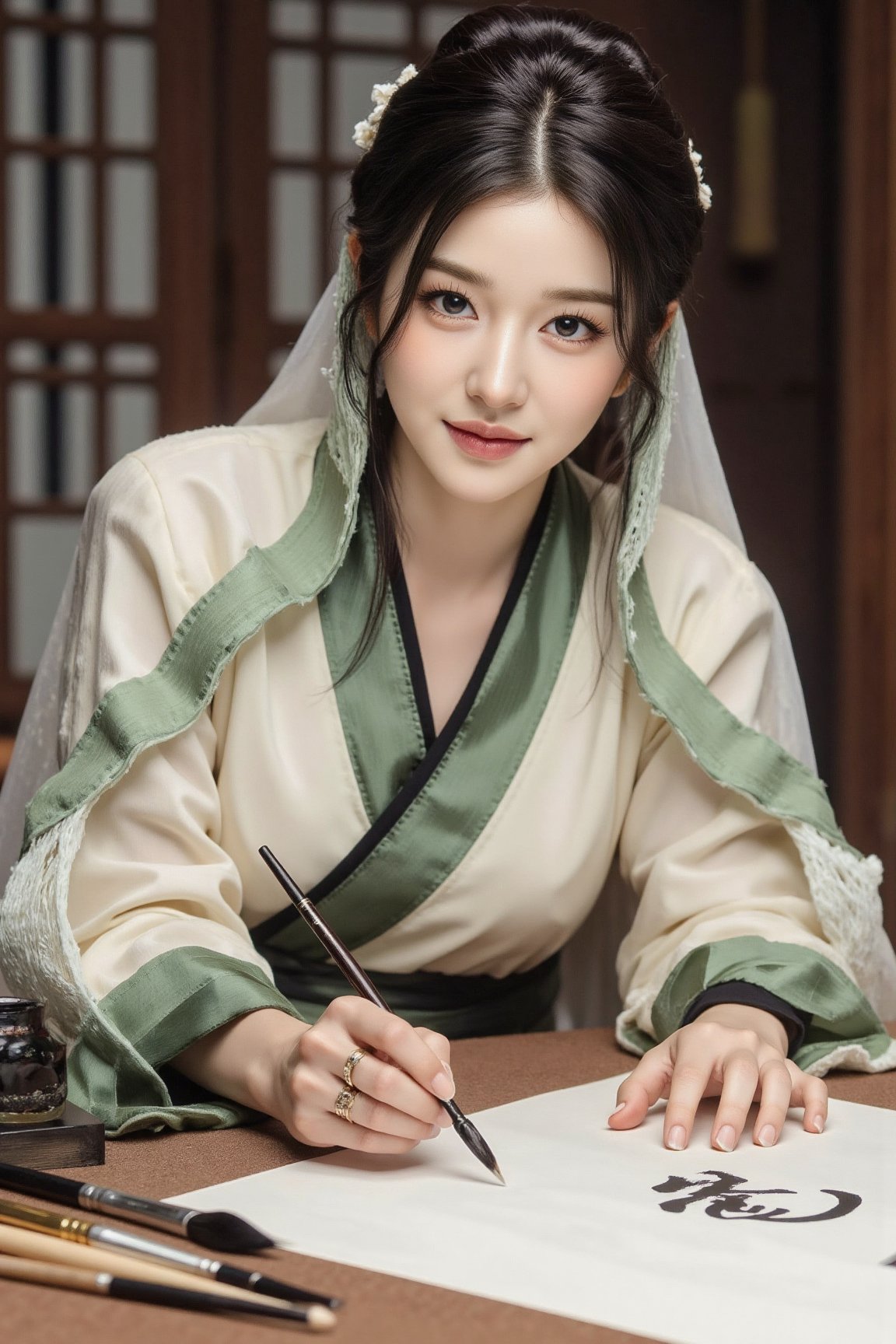 A woman dressed in elegant Hanfu attire,  with a fresh and ethereal look,  leans over a large table by FINIFISH on Tensor.Art