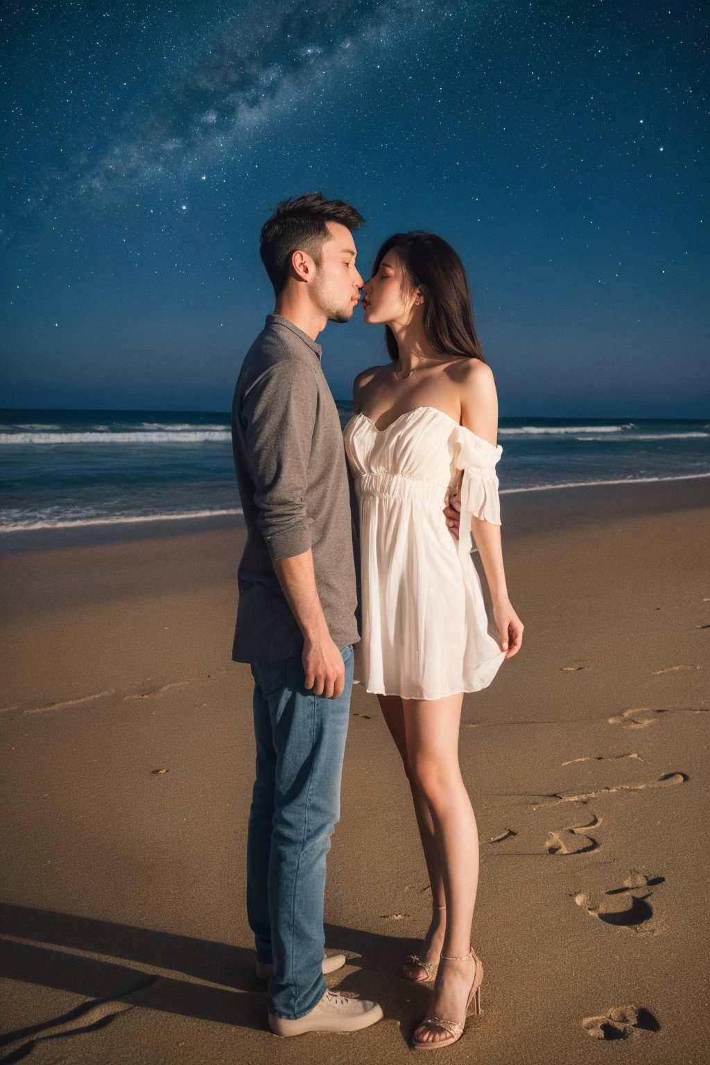 A beautiful woman is wearing a goddess dress,  kissing her boyfriend on the beach at night,  with the Milky Way in the sky...