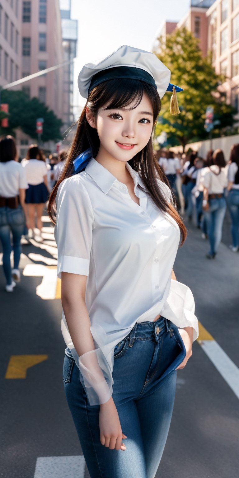 photorealistic, raw photo:1.2, hyperrealism, ultra high res, Best quality, masterpiece, 8k, realistic light, delicate facial features, 

(A 18-year-old Korean girl),

A college student on graduation day, wearing a graduation cap and smiling broadly. looking quite mature. She appears intelligent and intellectual,
full-body shot on a university campus street on graduation day with numerous students in the background, 

She is dressed in tight jeans and a tight white blouse, looking quite mature. 
