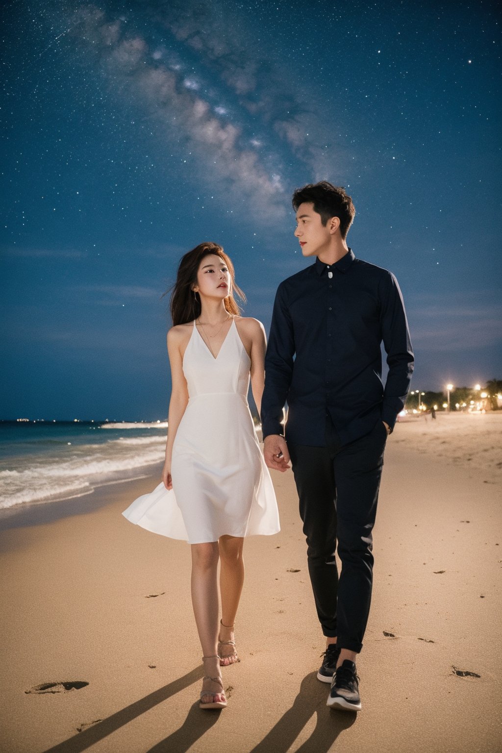 The beautiful woman wears a goddess dress and walks intimately with her boyfriend on the beach at night to watch the Milky...