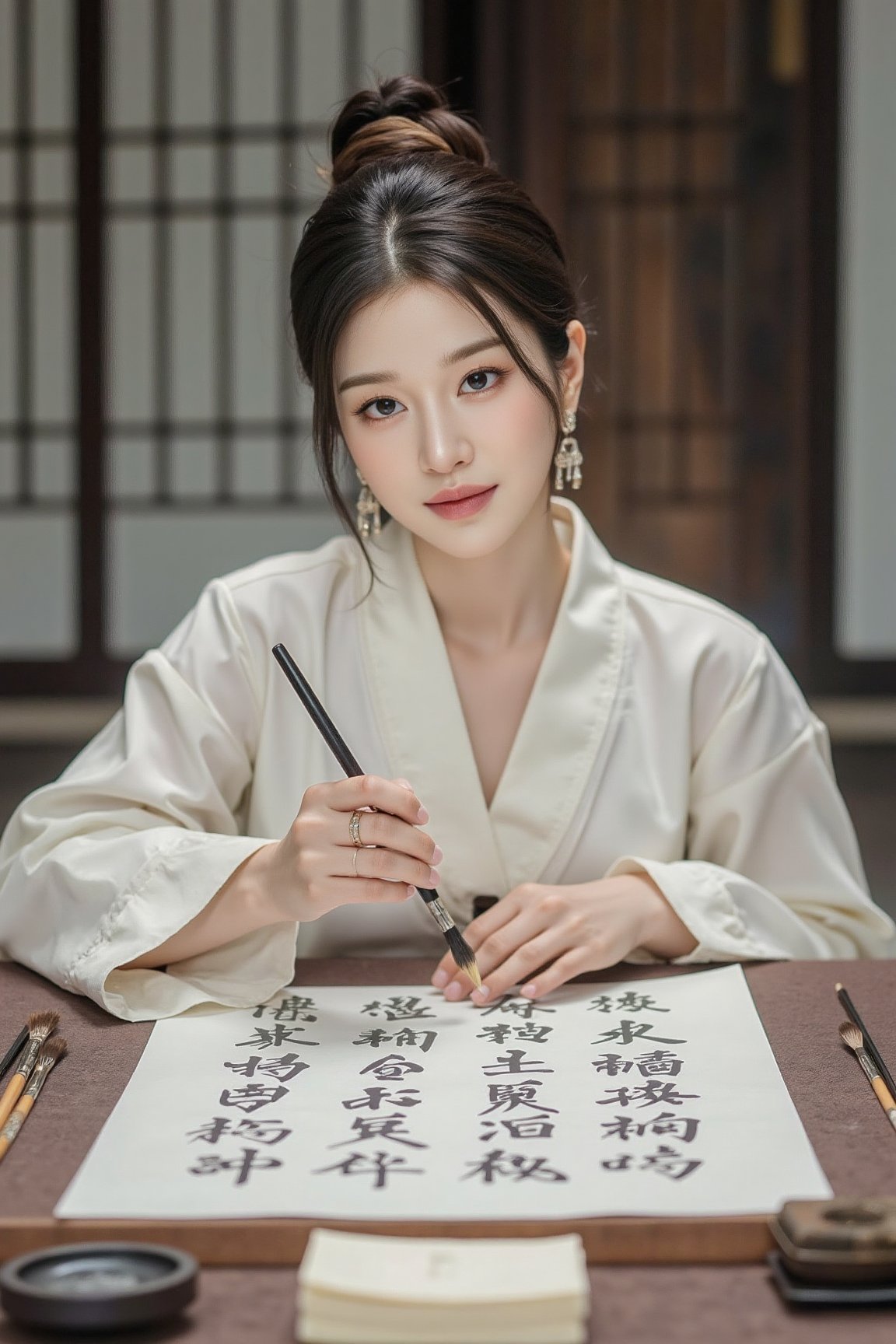 A woman dressed in elegant Hanfu attire,  with a fresh and ethereal look,  leans over a large table by FINIFISH on Tensor.Art