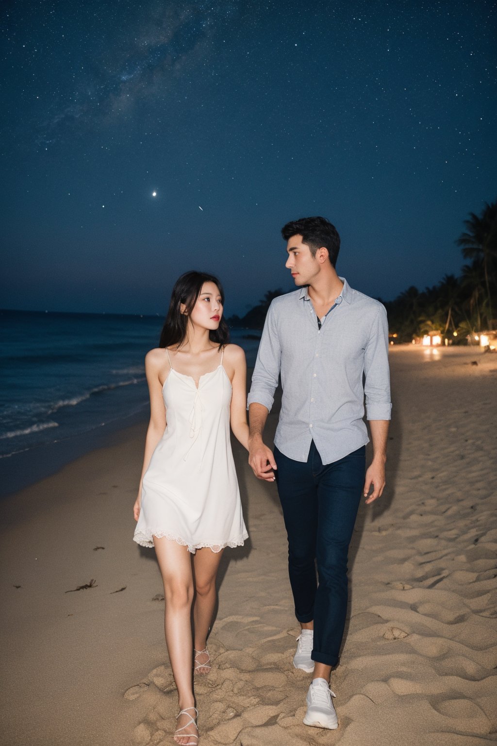 A beautiful woman wears a goddess dress and walks intimately with her boyfriend on the beach at night to watch the Milky W...