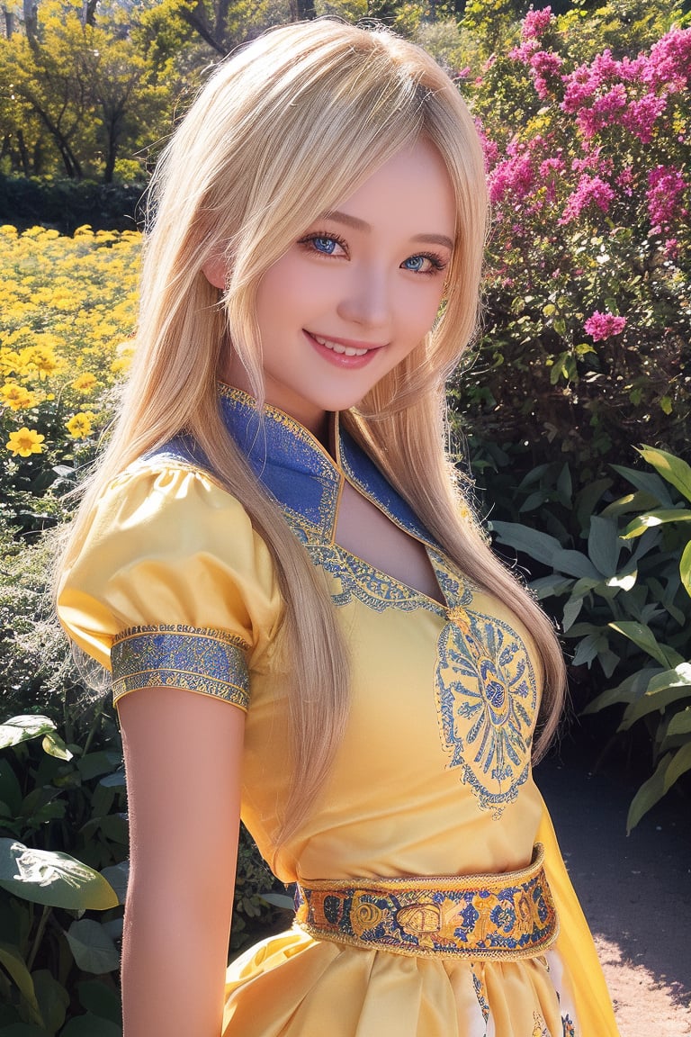 1girl, upper body, beautiful young woman, blonde, smiling, (in beautiful Ukrainian national costume of blue-yellow color), sunny day, botanical garden, realistic