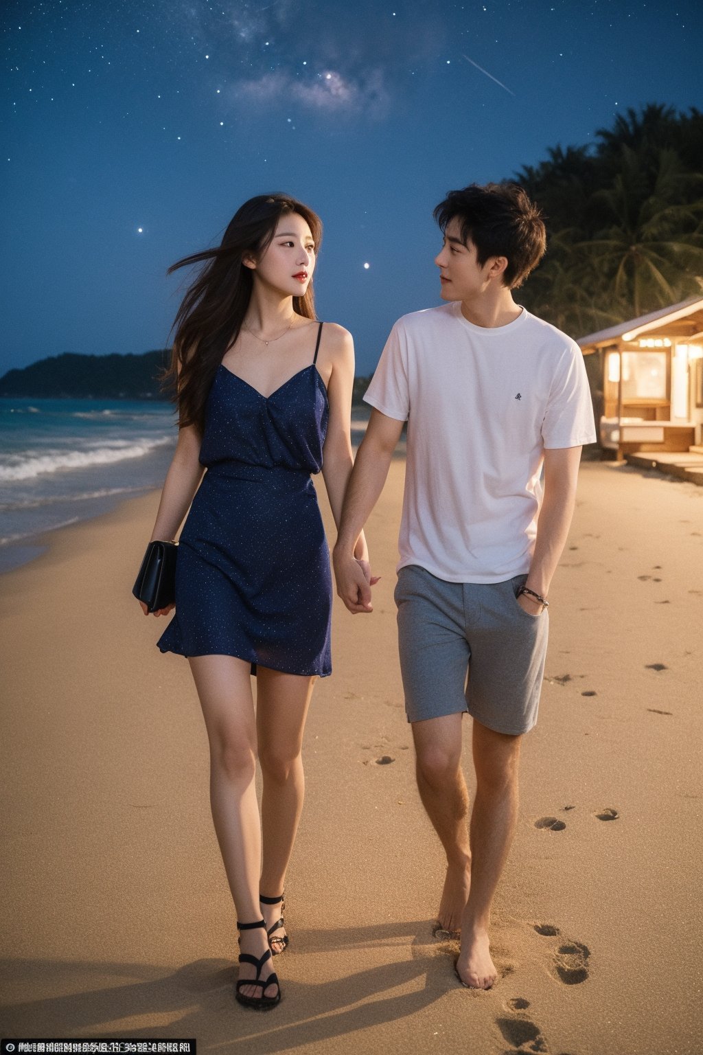 The beautiful woman wears a goddess dress and walks intimately with her boyfriend on the beach at night to watch the Milky...