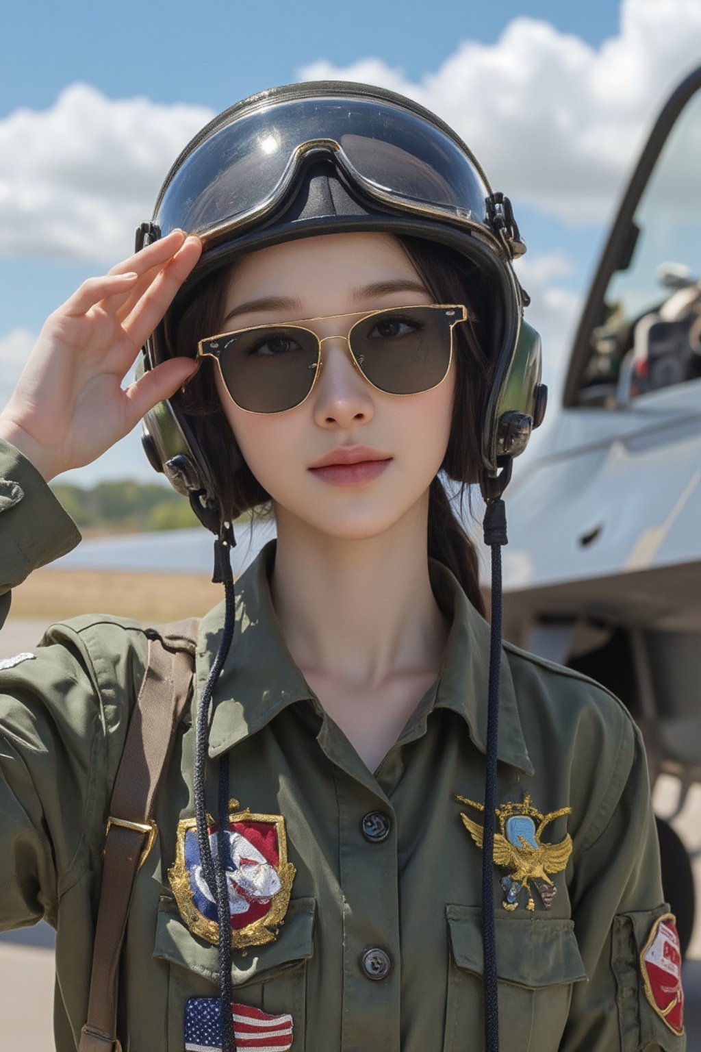 Beautiful young woman wearing an air force uniform, combat pilot helmet on, sunglasses, half-body portrait, saluting with her right hand, background of a parked fighter jet, blue sky with white clouds, warm sunlight, best anatomy, epic, cinematic, digital art, 4k, ultra high definition, cartoon, 