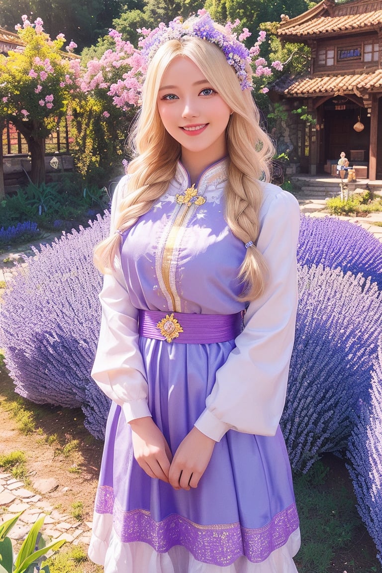 1girl, beautiful young woman, blonde, smiling, (in beautiful Ukrainian national costume of light purple-blue color), sunny day, botanical garden, realistic,wrenchmicroarch,comb hair