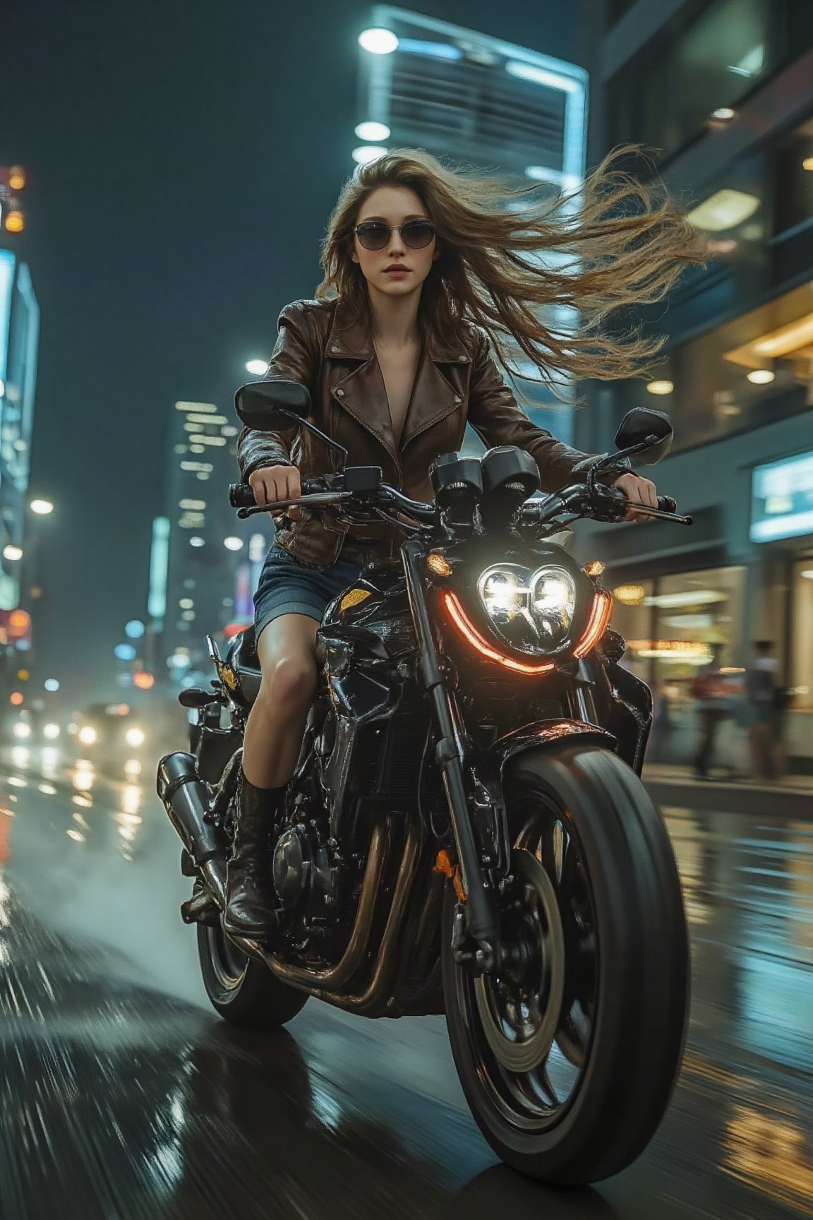 Picture the following scene: Picture a beautiful professional photo of a beautiful woman from the future riding a big moto...