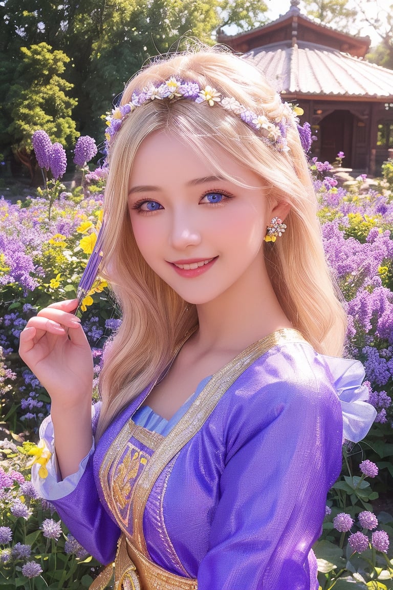 1girl, beautiful young woman, blonde, smiling, (in beautiful Ukrainian national costume of light purple-blue color), sunny day, botanical garden, realistic,wrenchmicroarch,comb hair