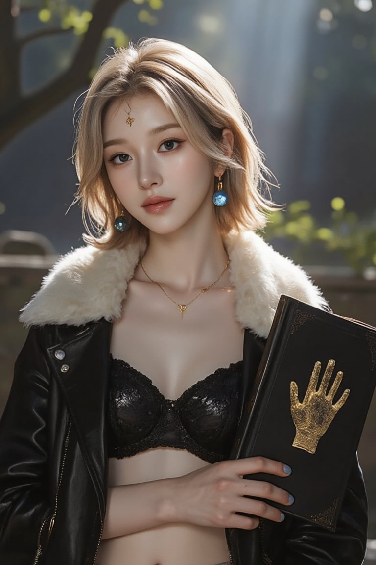 Here’s the translation:

Master-level photography of a stunningly beautiful, cool, and alluring young girl with honey-colored hair and deep-set features. Her bangs are swept back, revealing a neat short hairstyle. A delicate golden cross adorns her forehead, and she wears blue crystal sphere earrings. She is dressed in a black leather coat with a large white fur collar left open, and a cropped top revealing her toned abs. In her hand, she holds a black book with a golden handprint on the cover. The scene is bathed in soft moonlight, with a magical background.