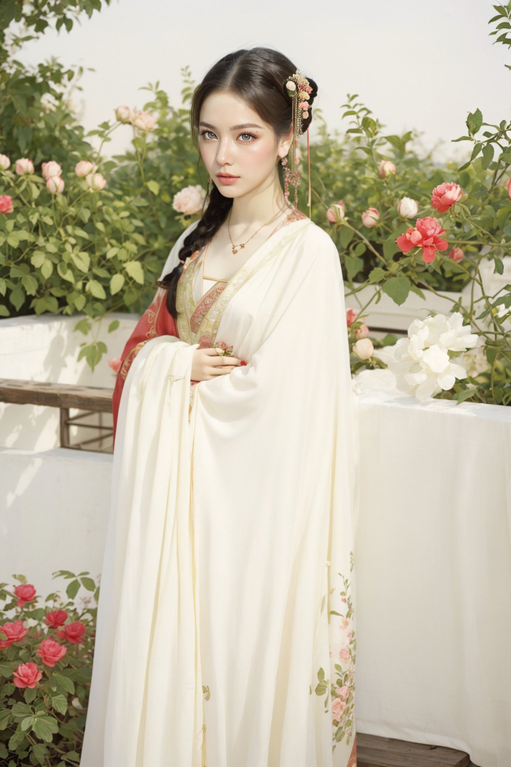 A beautiful woman in Tang Dynasty costume stands in the garden admiring flowers by FINIFISH on Tensor.Art