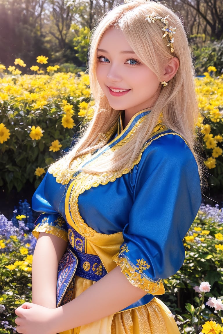 1girl, upper body, beautiful young woman, blonde, smiling, (in beautiful Ukrainian national costume of blue-yellow color), sunny day, botanical garden, realistic