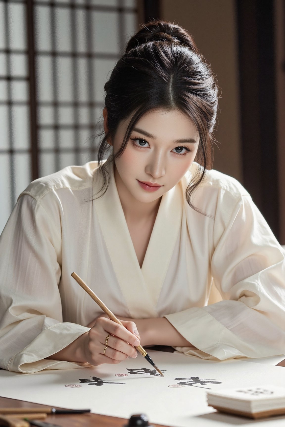 A woman dressed in elegant Hanfu attire,  with a fresh and ethereal look,  leans over a large table by FINIFISH on Tensor.Art