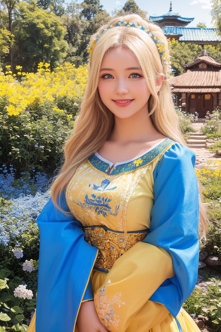 1girl, upper body, beautiful young woman, blonde, smiling, (in beautiful Ukrainian national costume of blue-yellow color), sunny day, botanical garden, realistic,wrenchmicroarch