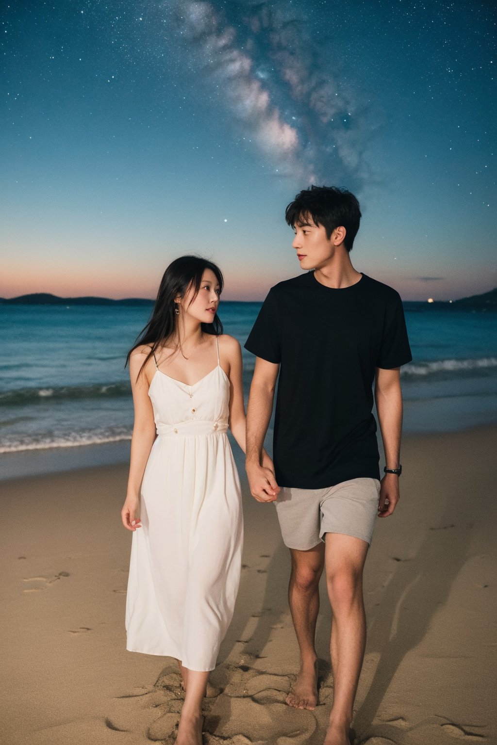 The beautiful woman is wearing a goddess dress,  resting her head on her boyfriend's shoulder,  and walking intimately wit...