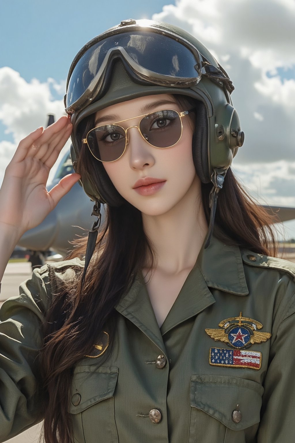 Beautiful young woman wearing an air force uniform, combat pilot helmet on, sunglasses, half-body portrait, saluting with her right hand, background of a parked fighter jet, blue sky with white clouds, warm sunlight, best anatomy, epic, cinematic, digital art, 4k, ultra high definition, cartoon, 
Round and big eyes, moist lips, long eyelashes, innocent eyes, brown eyeliner,dimples