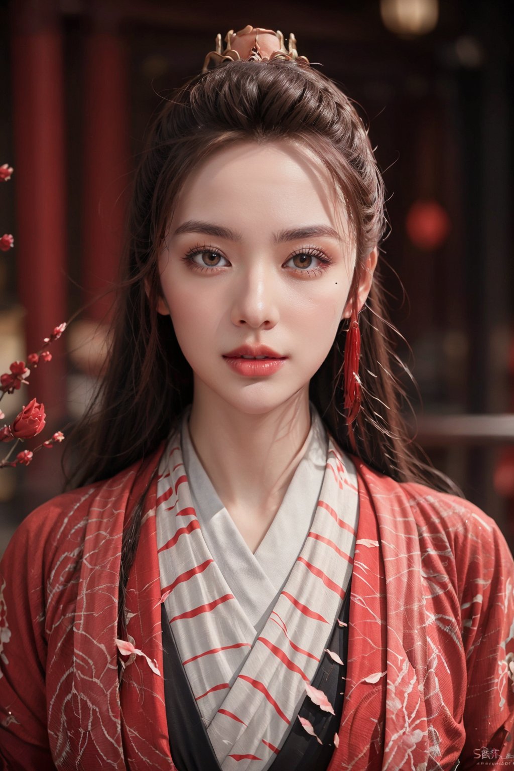 bicolor, ink splatter, samirai girl, sakura rose \(flower\), red blood, japan ink art, splash, intricate details, volumetric lighting, cinematic, detailed, realistic,Chinese hanfu