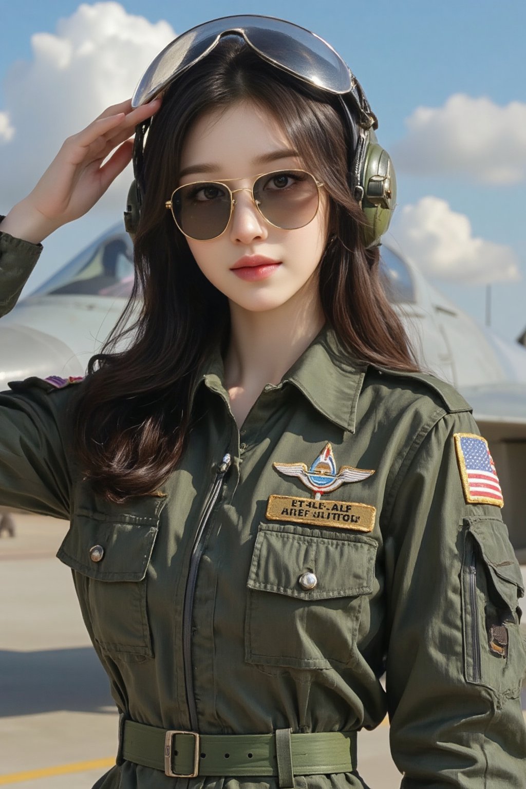 Beautiful young woman wearing an air force uniform, combat pilot helmet on, sunglasses, half-body portrait, saluting with her right hand, background of a parked fighter jet, blue sky with white clouds, warm sunlight, best anatomy, epic, cinematic, digital art, 4k, ultra high definition, cartoon, 
Round and big eyes, moist lips, long eyelashes, innocent eyes, brown eyeliner,dimples