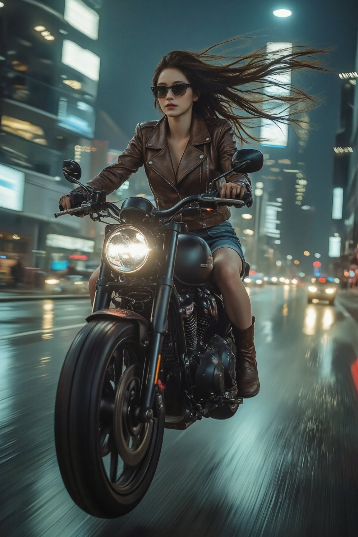 Picture the following scene: Picture a beautiful professional photo of a beautiful woman from the future riding a big moto...