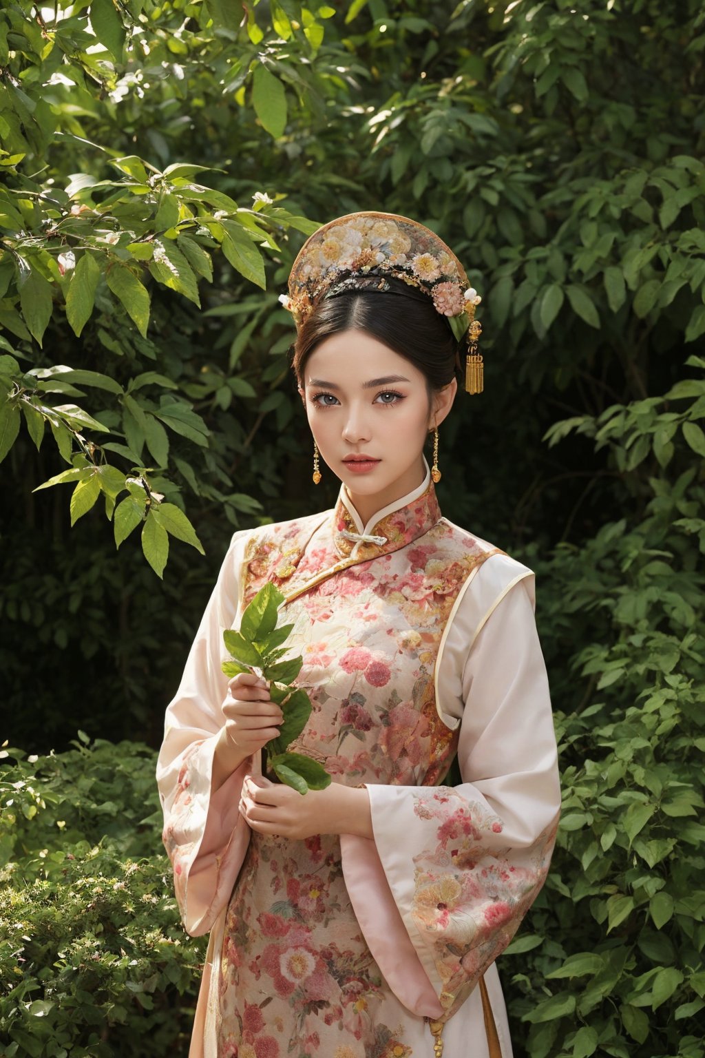 This is a photo showing a woman wearing traditional Chinese clothing, reflecting a historical or period style. The subject of the photo is the woman, wearing a bright, richly decorated and intricately embroidered dress. On her head is a special black hat decorated with a large pink flower and a golden butterfly. The background is composed of lush green foliage, suggesting a natural outdoor scene. The focus of the composition is the calm and dignified facial expression of the woman as she gently holds the leaf. This image exudes the essence of cultural richness, elegance and history.32k,