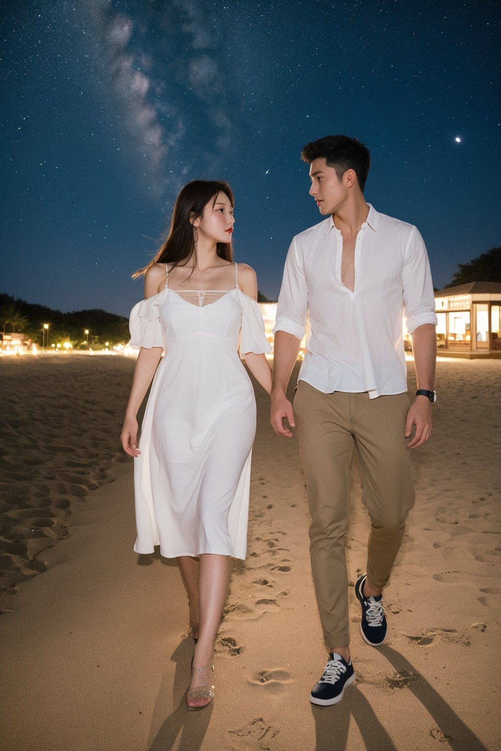The beautiful woman wears a goddess dress and walks intimately with her boyfriend on the beach at night to watch the Milky...