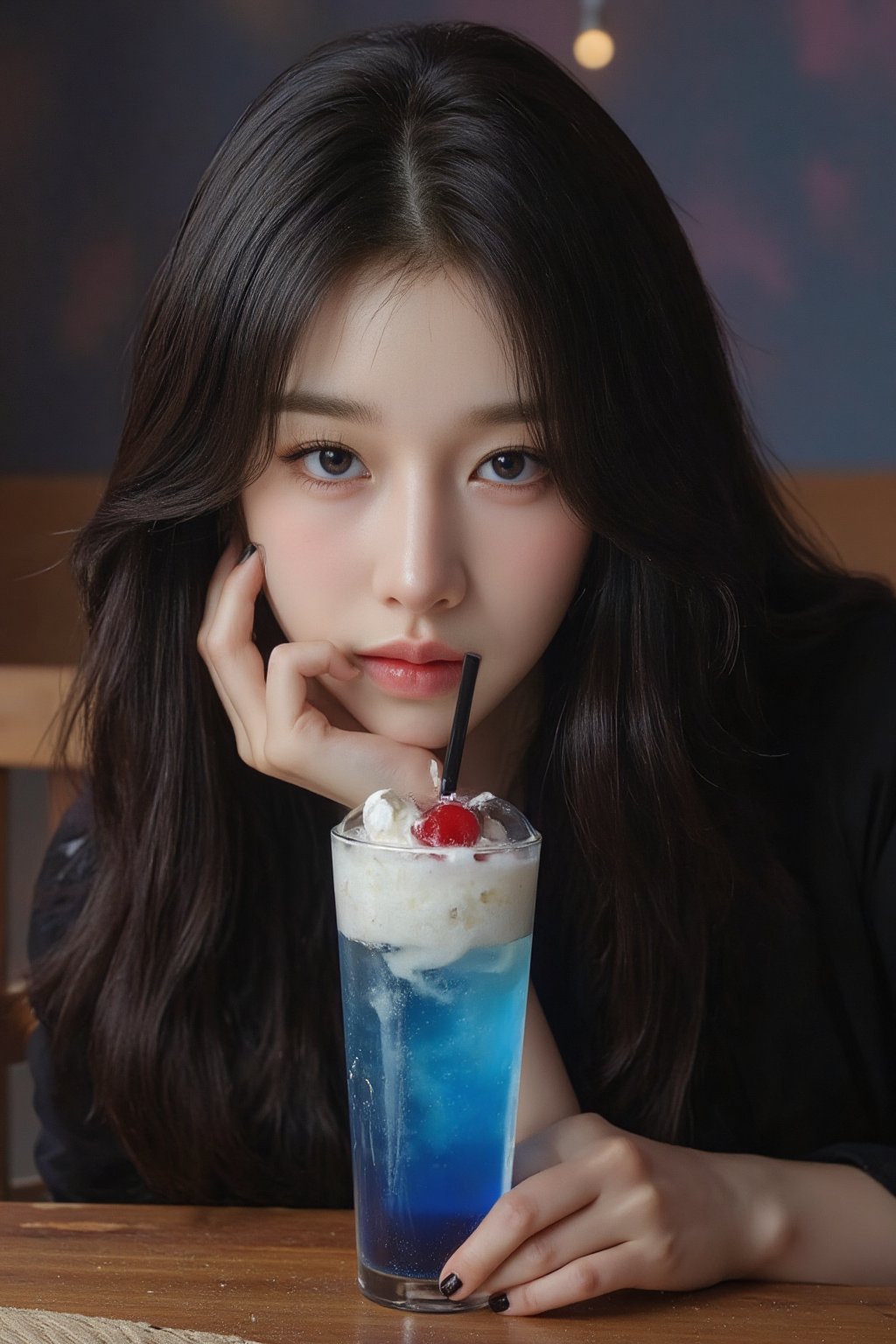 A young woman with long, straight black hair and bangs sits at a wooden table, gazing directly at the viewer with an intense, captivating expression. She rests her head on one hand, displaying dark nail polish. In front of her on the table is a tall glass with a blue soda drink, topped with a swirl of whipped cream and a cherry, with a black straw. The background is softly lit, with muted colors adding a cozy, intimate feel to the scene.