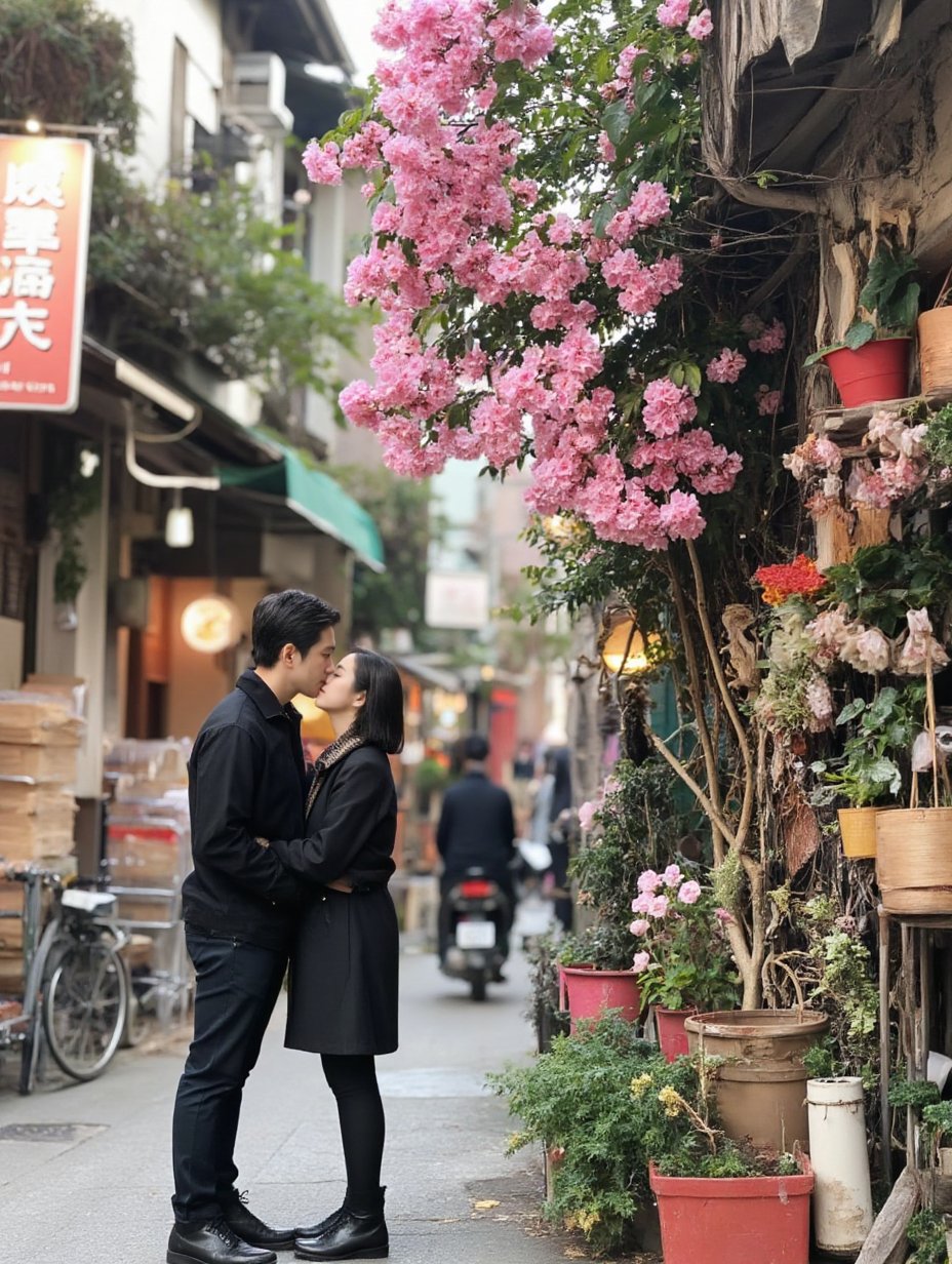 A handsome Taiwanese man was kissing the forehead of a cute and short Taiwanese woman affectionately,  with a shy expressi...