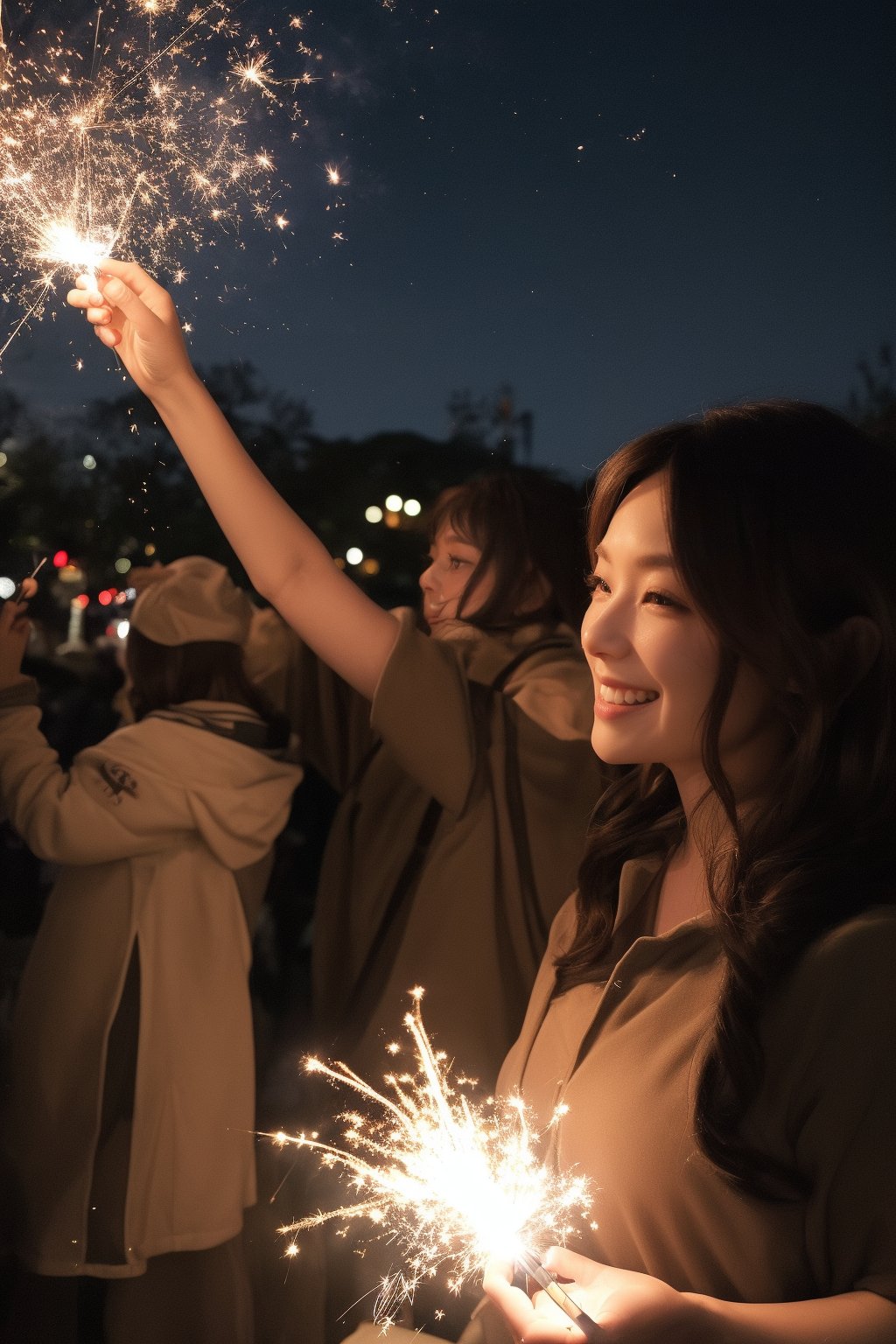 A nighttime scene where a Taiwanese woman is holding a sparkler, drawing the number '1010' in the air. The glowing trails of light illuminate the dark background, creating a festive and celebratory atmosphere. The girl is smiling as she waves the sparkler, and her silhouette is visible in the dim light, adding a personal and joyful touch to the scene. 