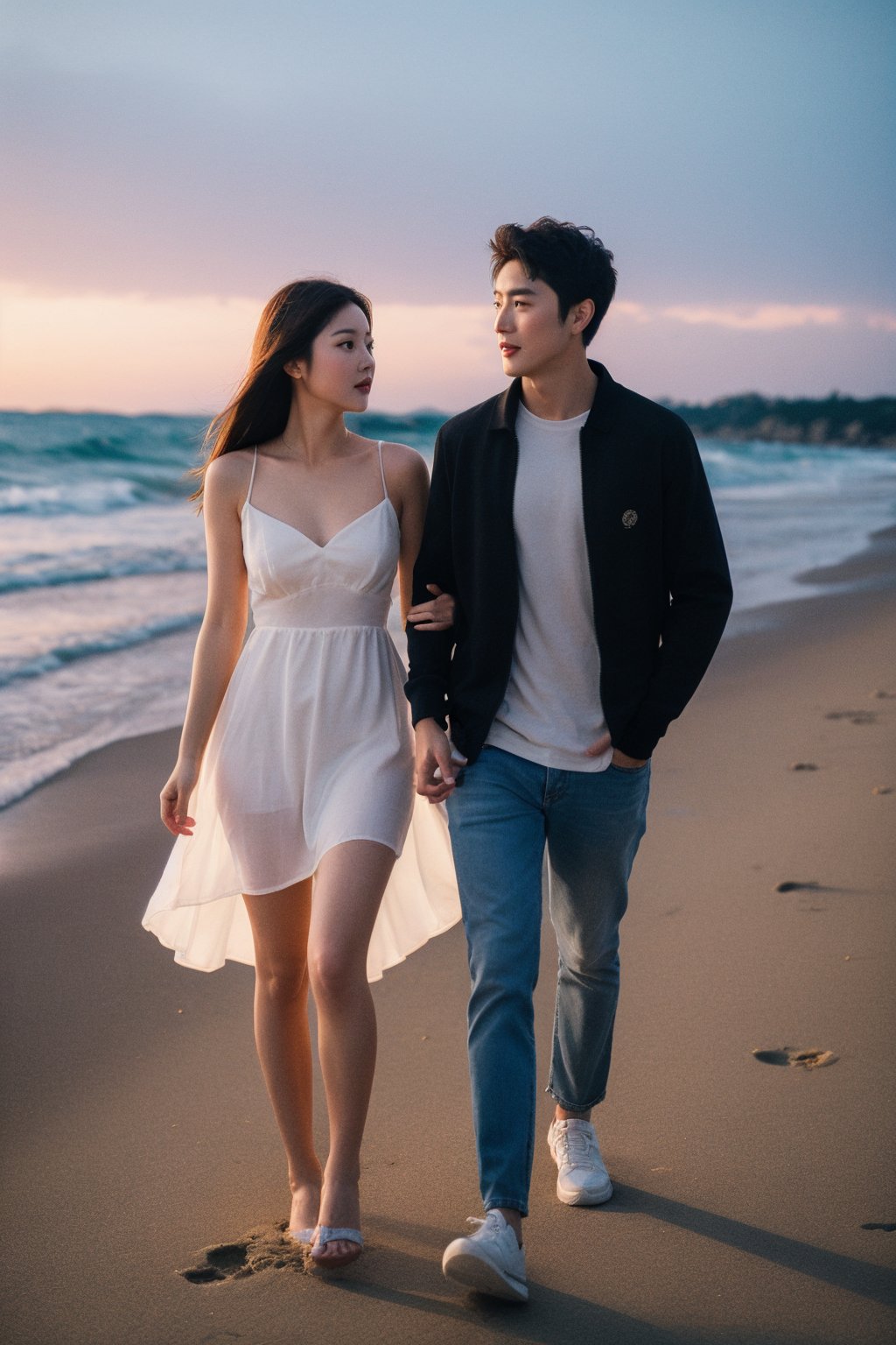 The beautiful woman wears a goddess dress and walks intimately with her boyfriend on the beach at night to watch the Milky...