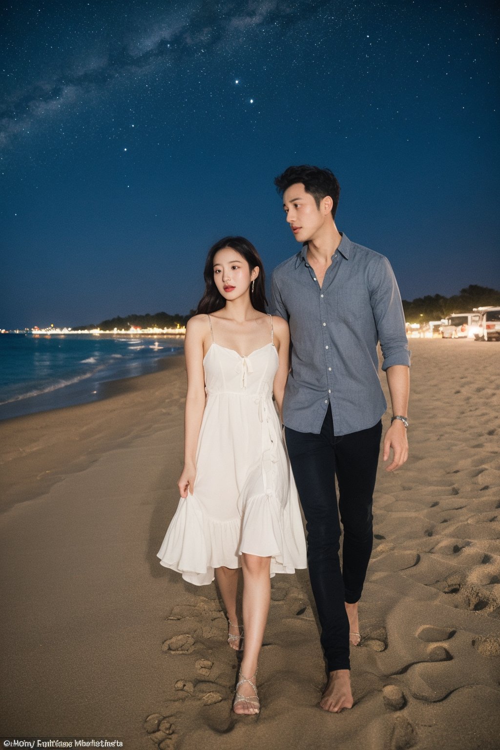 The beautiful woman wears a goddess dress and walks intimately with her boyfriend on the beach at night to watch the Milky...