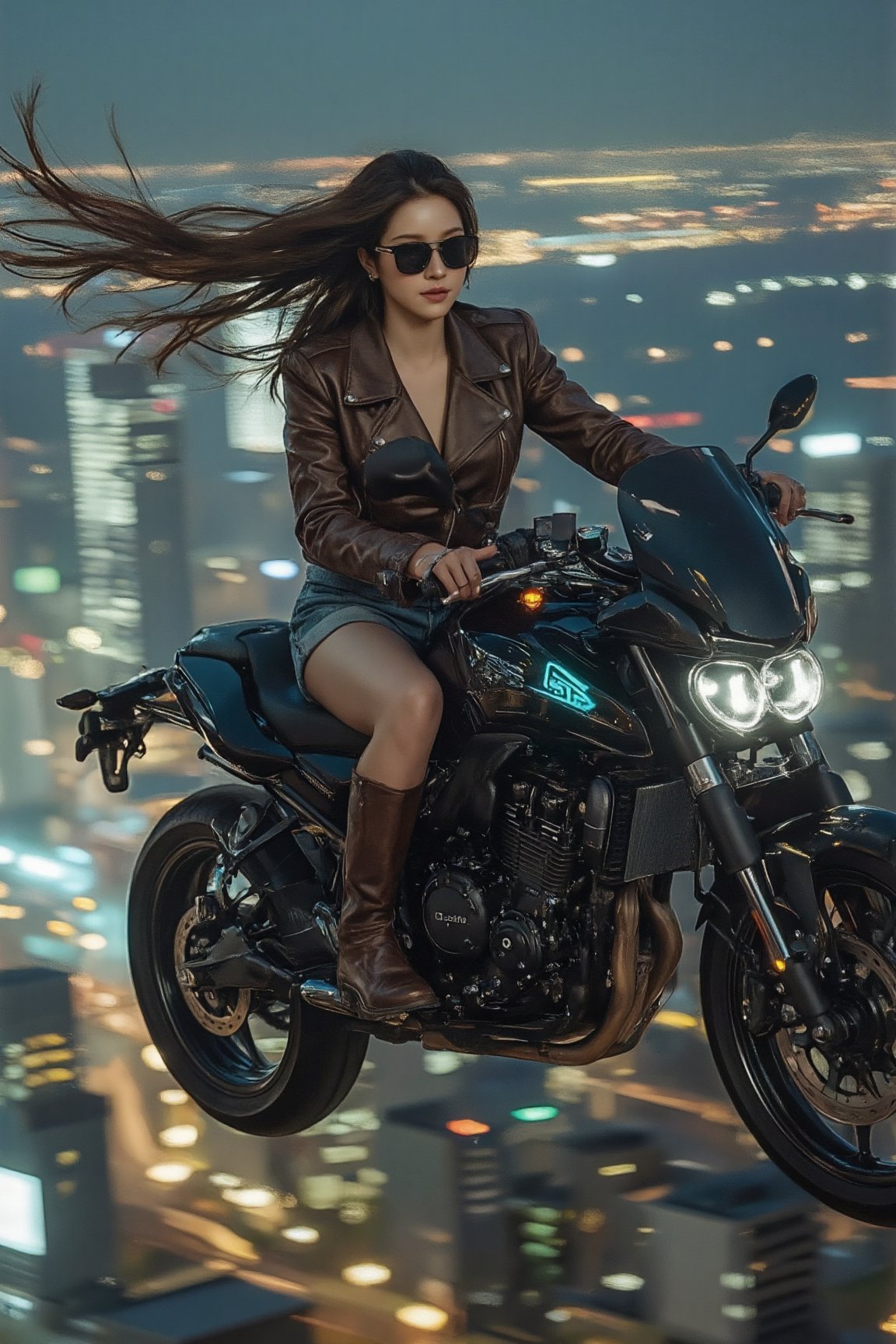 Picture the following scene: Picture a beautiful professional photo of a beautiful woman from the future riding a big moto...