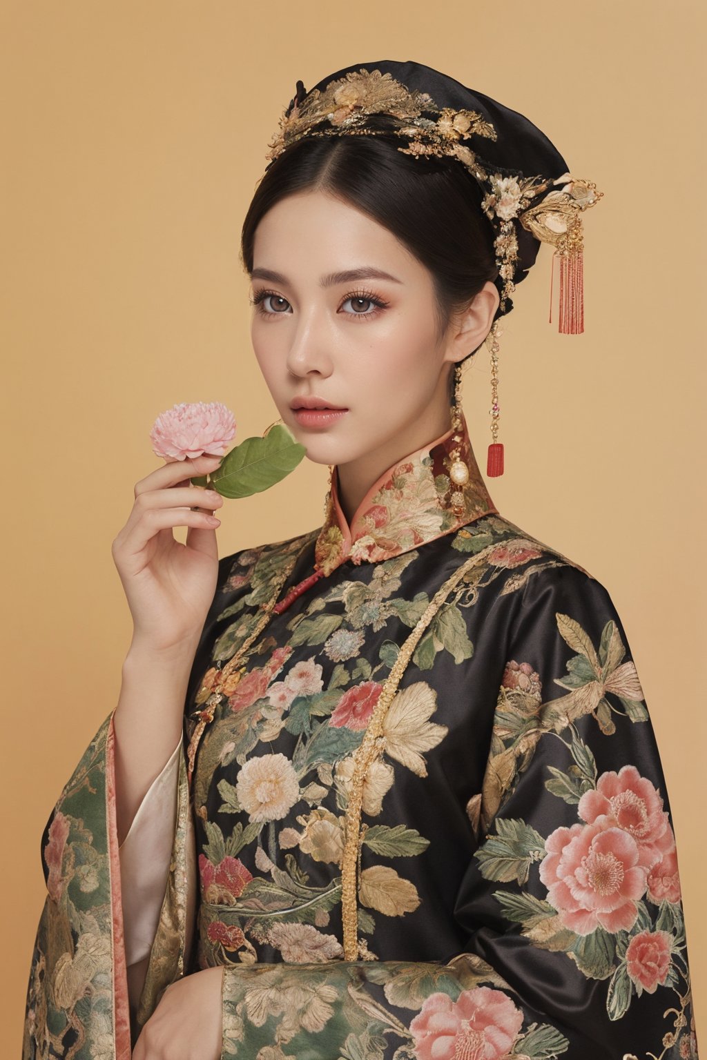 This is a photo showing a woman wearing traditional Chinese clothing, reflecting a historical or period style. The subject of the photo is the woman, wearing a bright, richly decorated and intricately embroidered dress. On her head is a special black hat decorated with a large pink flower and a golden butterfly. The background is composed of lush green foliage, suggesting a natural outdoor scene. The focus of the composition is the calm and dignified facial expression of the woman as she gently holds the leaf. This image exudes the essence of cultural richness, elegance and history.32k,