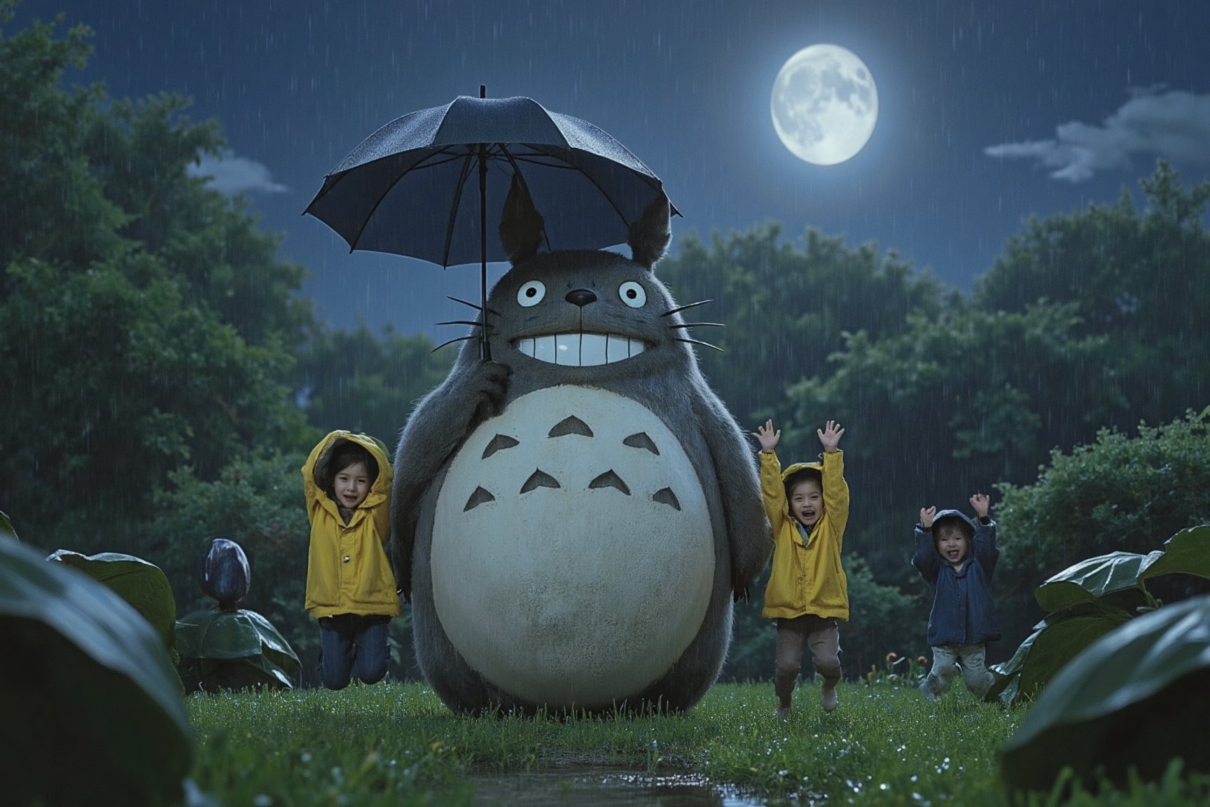 A whimsical nighttime scene featuring Totoro, a large, friendly, gray creature with a round body and a wide, toothy grin. He stands tall in the center, holding an umbrella, as two excited children jump in the air next to him. The children wear colorful raincoats, with one in yellow and the other in blue, joyfully leaping. The moon shines brightly in the background, casting a soft glow over the lush, green landscape. Surrounding Totoro are smaller creatures with large, leaf-like coverings, adding to the magical, playful atmosphere.