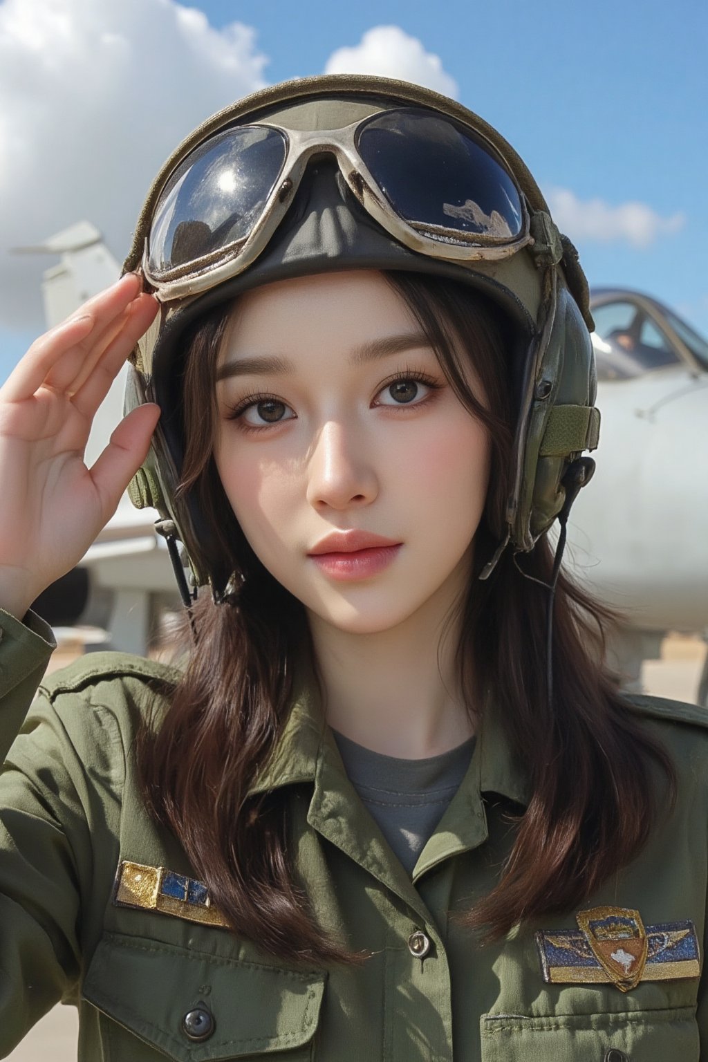 Beautiful young woman wearing an air force uniform, combat pilot helmet on, sunglasses, half-body portrait, saluting with her right hand, background of a parked fighter jet, blue sky with white clouds, warm sunlight, best anatomy, epic, cinematic, digital art, 4k, ultra high definition, cartoon, 
Round and big eyes, moist lips, long eyelashes, innocent eyes, brown eyeliner,dimples