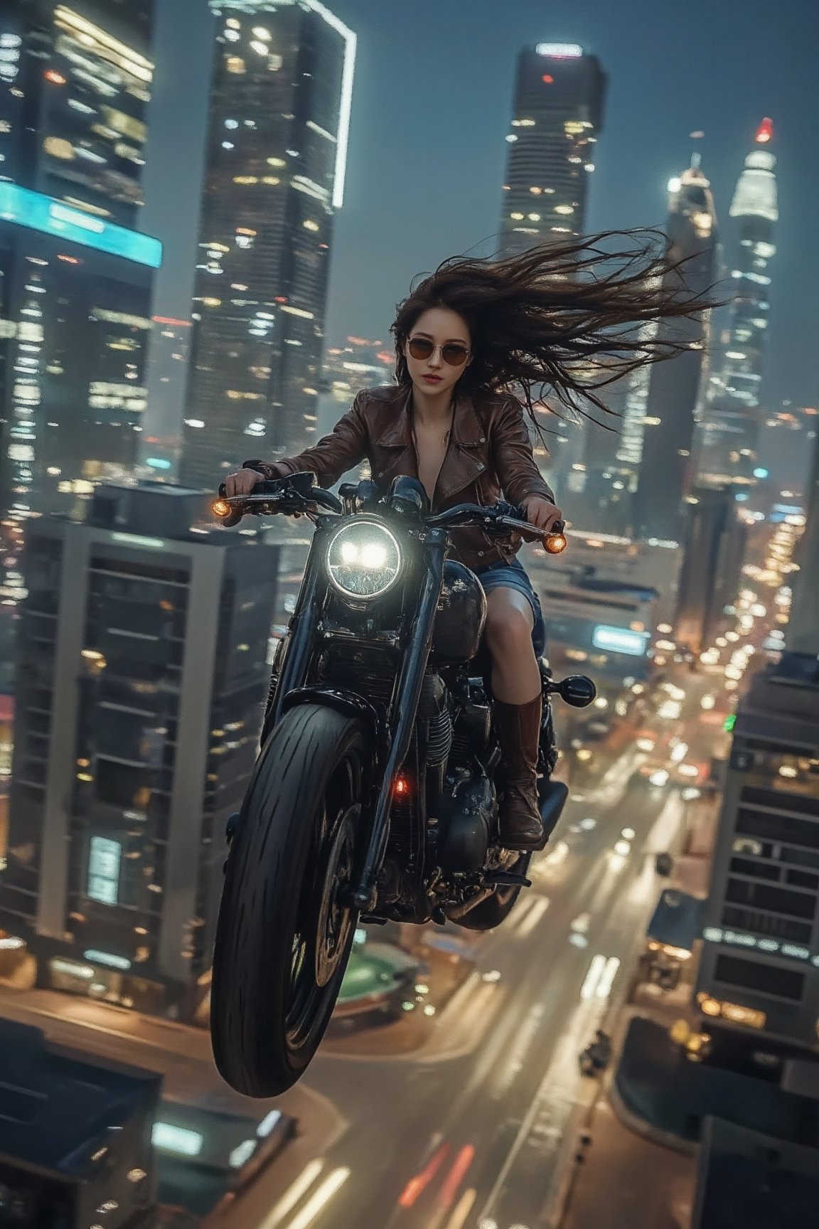 Picture the following scene: Picture a beautiful professional photo of a beautiful woman from the future riding a big moto...