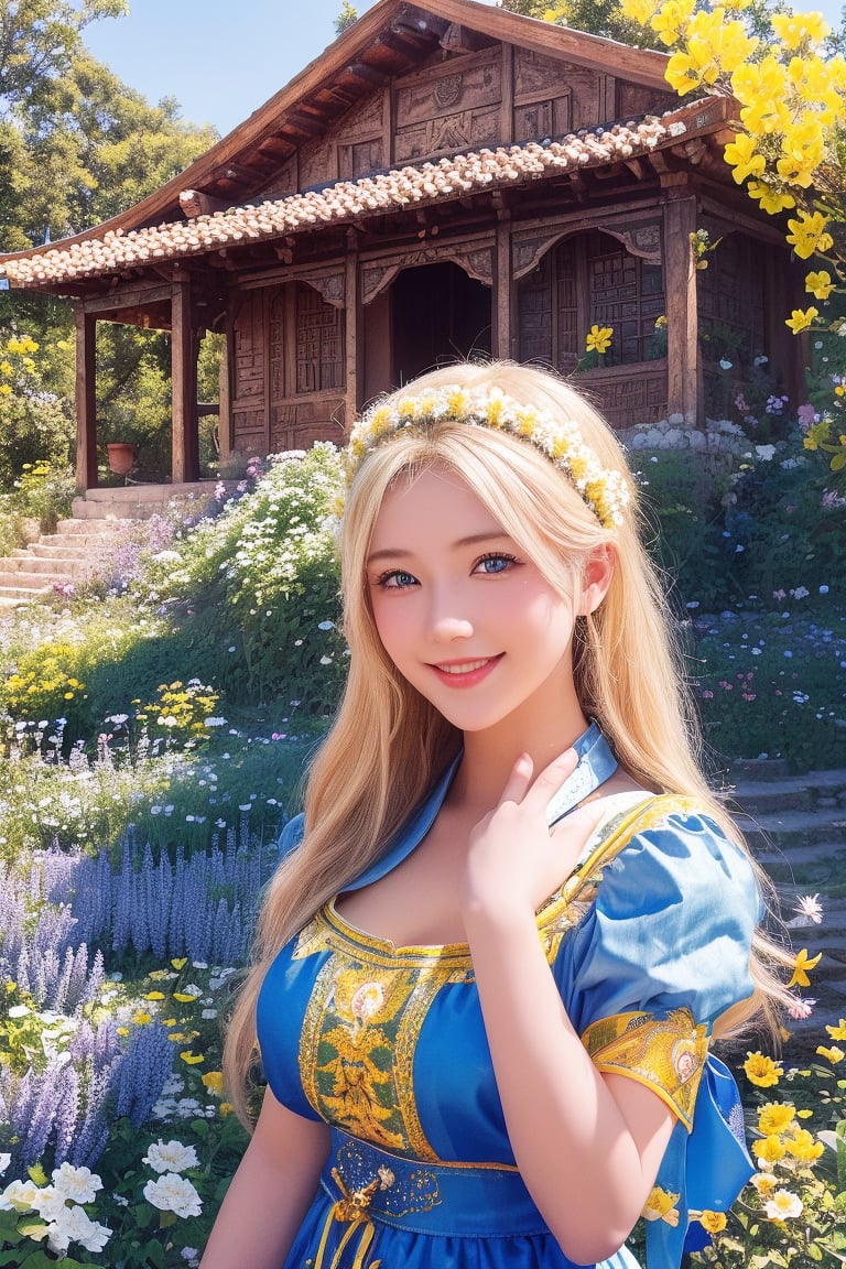 1girl, upper body, beautiful young woman, blonde, smiling, (in beautiful Ukrainian national costume of blue-yellow color), sunny day, botanical garden, realistic,wrenchmicroarch