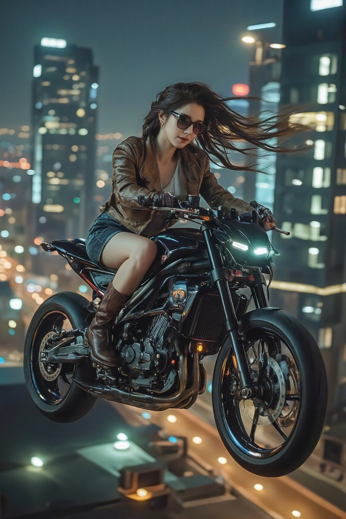 Picture the following scene: Picture a beautiful professional photo of a beautiful woman from the future riding a big moto...