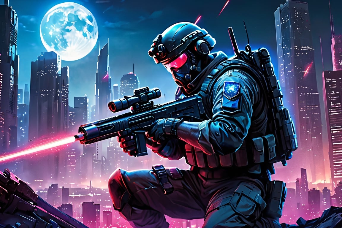  The soldier is crouched in a tactical position, their eyes narrowed in focus on a distant target. In their hand, they hold a high-tech laser rifle, its barrel glowing with an intense blue light. As they prepare to fire, a concentrated beam of laser energy erupts from the weapon, piercing the night sky and illuminating the cityscape 

Soldier: modern feel,man, stud,combat uniform 
Cityscape: Depict a war-torn environment. Imagine crumbling buildings, shattered streets, and smoke rising from distant fires. Bathe the scene in moonlight with a stark contrast to the soldier's laser fire.
Laser Beam: Make the laser beam a vibrant blue color, contrasting sharply with the dark surroundings.
Style: Cyberpunk
Prompt with color image reference:magenta color palette