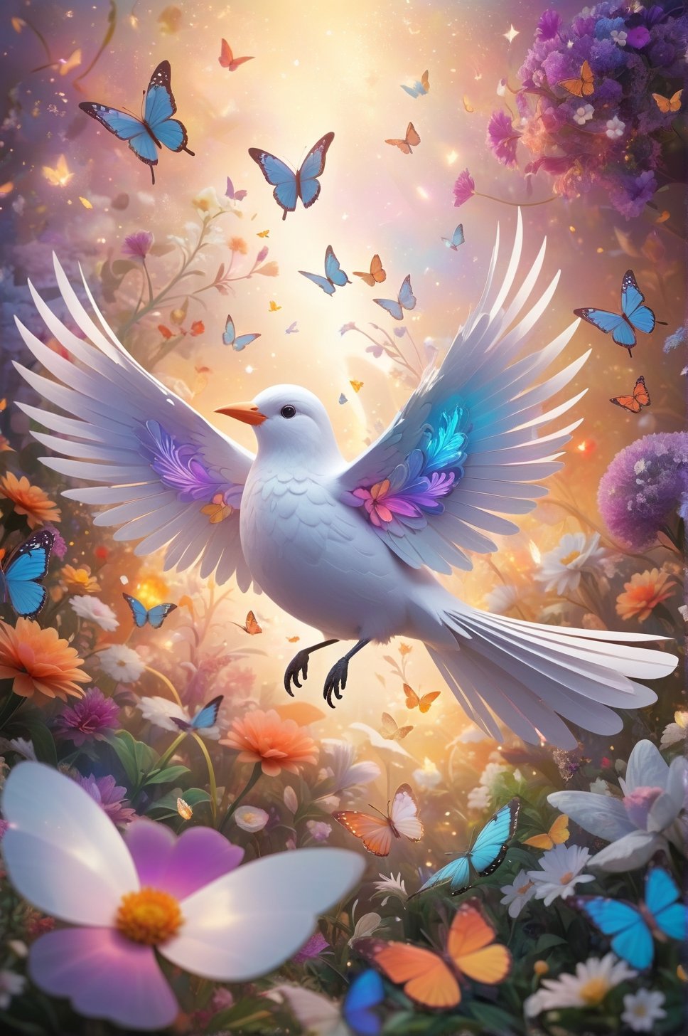 A 2.5D stylized illustration of a snowy white bird with intricate feather details flying amidst a vibrant garden filled with fantastical blooming flowers of various shapes and colors, surrounded by swarms of iridescent butterflies, giving an ethereal and dream-like atmosphere, with a soft warm lighting and slightly blurred background.