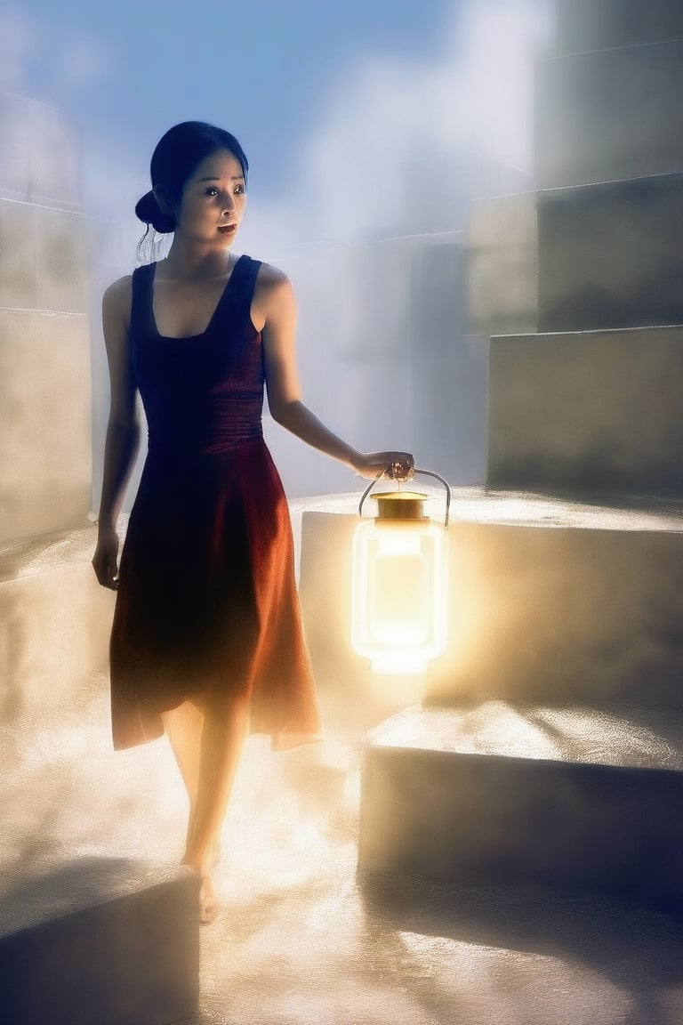 A woman with a determined expression on her face walks through a dimly lit, winding maze. She holds a lantern in her hand, which casts long shadows on the walls. The air is thick with fog, and the only sounds are the woman's footsteps and the occasional drip of water.

An Asian woman, Dimly lit maze, Stone slabs on the ground,Mysterious,Woman centered in the frame,DonMn1ghtm4reXL,holography