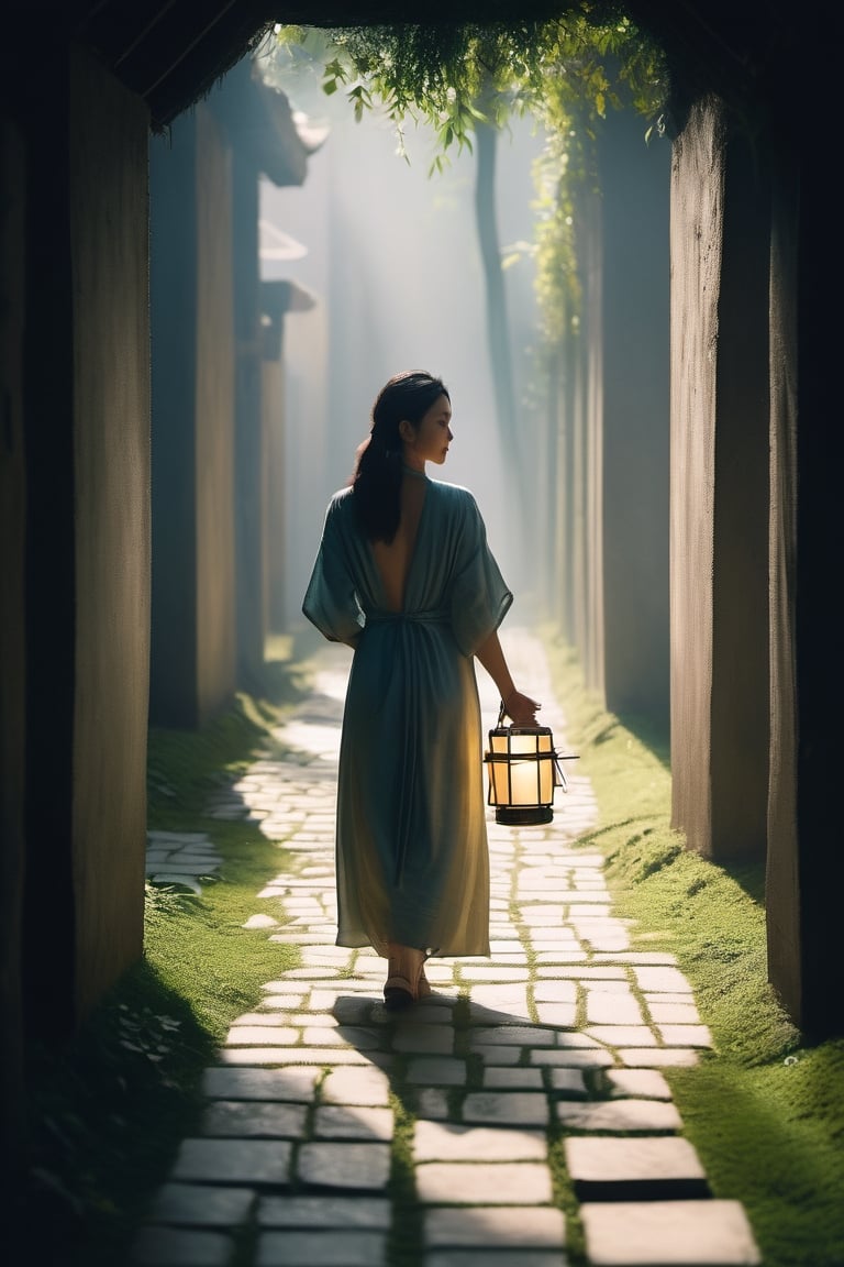 A woman with a determined expression on her face walks through a dimly lit, winding maze. She holds a lantern in her hand, which casts long shadows on the walls. The air is thick with fog, and the only sounds are the woman's footsteps and the occasional drip of water.

An Asian woman, Dimly lit maze, Stone slabs on the ground,Mysterious,Woman centered in the frame