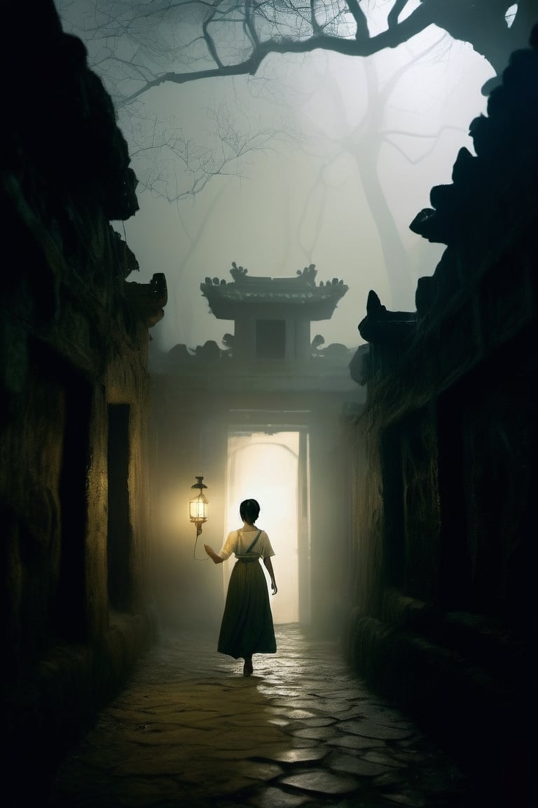 A woman with a determined expression on her face walks through a dimly lit, winding maze. She holds a lantern in her hand, which casts long shadows on the walls. The air is thick with fog, and the only sounds are the woman's footsteps and the occasional drip of water.

An Asian woman, a white shirt, Dimly lit maze, Stone slabs on the ground,Mysterious,Woman centered in the frame,scenery,Shady,painting