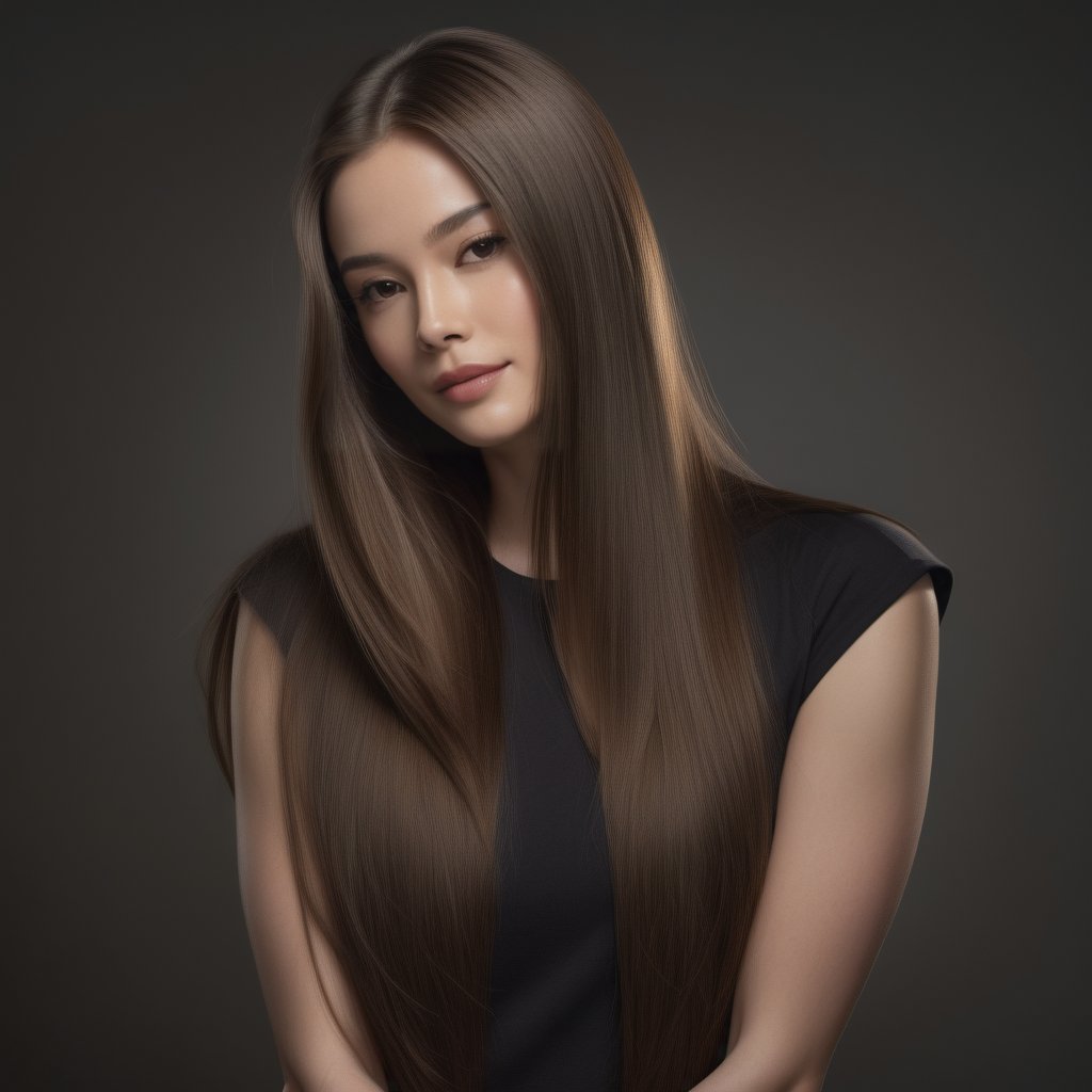 Hyper realistic portrait of a beautiful woman with long straight brown hair, floating over her shoulders to the front. Her head is tilted slightly to the left and she looks challengingly and confidently into the camera. Her face is softly lit with studio flash.