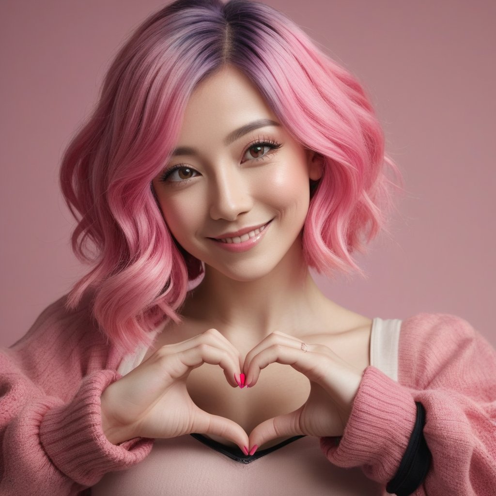 A woman with dyed pink hair, forming a heart with her hands, looking and smiling at the viewer, her head tilted slightly to one side